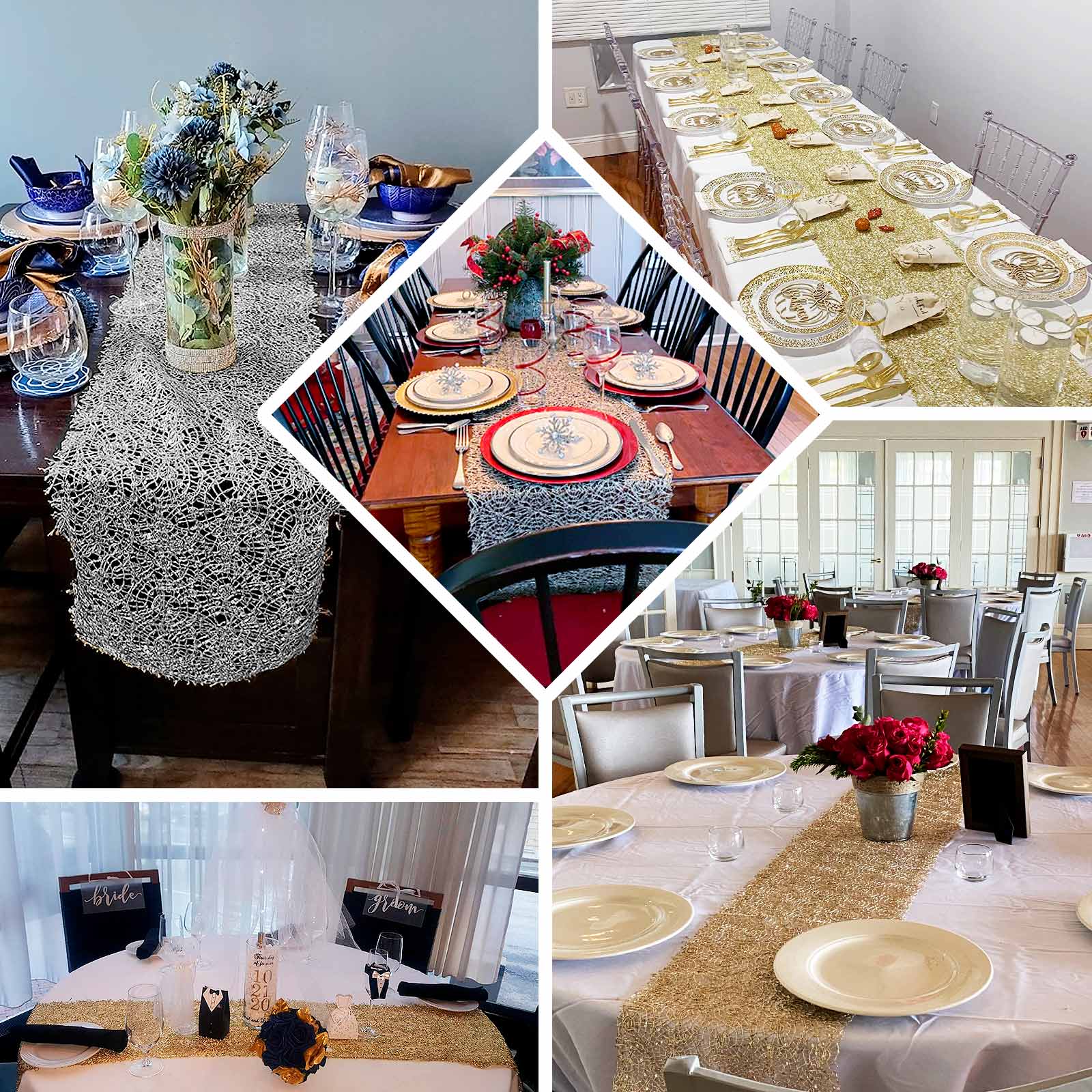 Mesh 12"x108" Table Runner Gold - Sequin Schiffli Lace Design for Stylish Celebrations