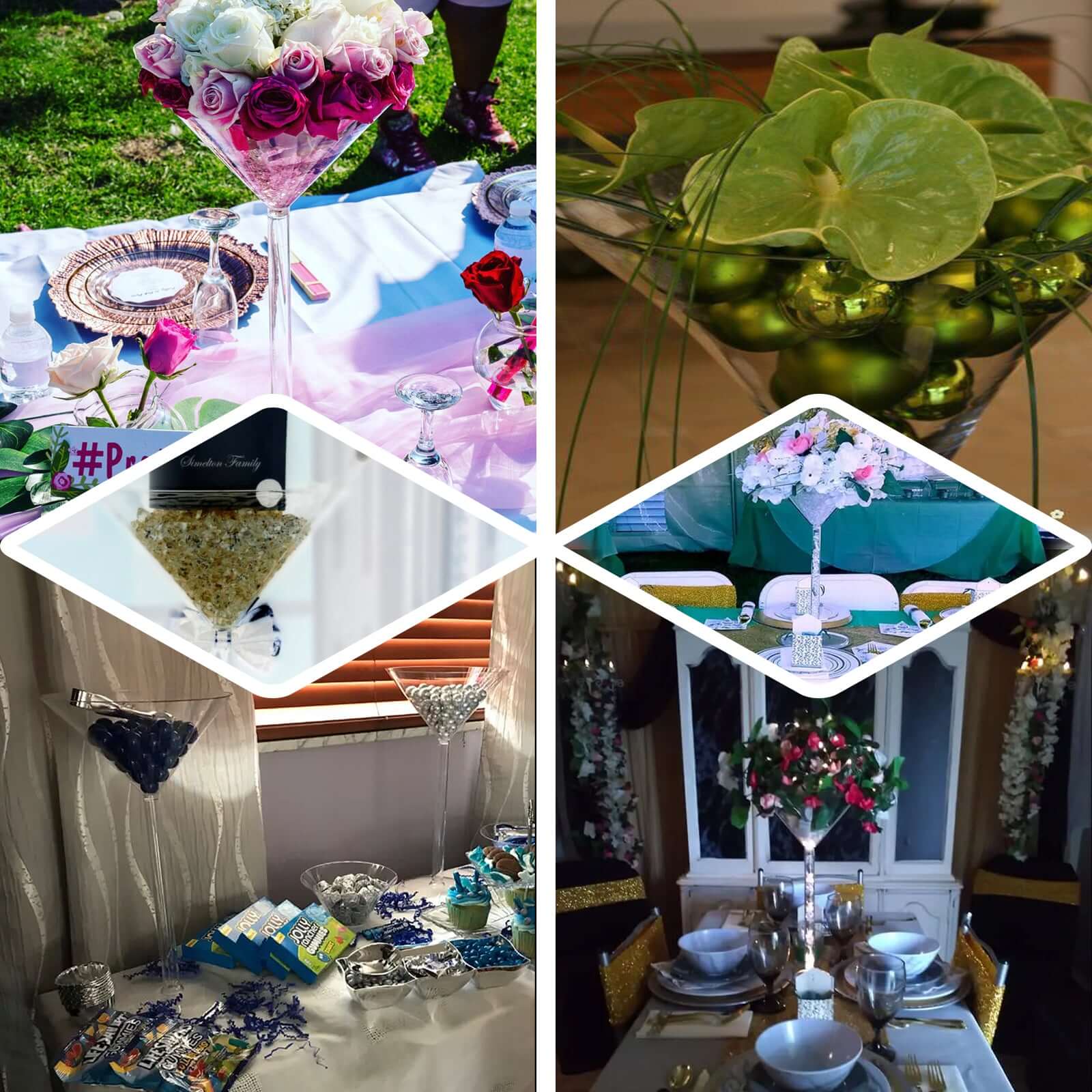 4-Pack Plastic Flower Vases Martini Glass Design Clear - Fillable Long Stem Event Centerpieces 18"