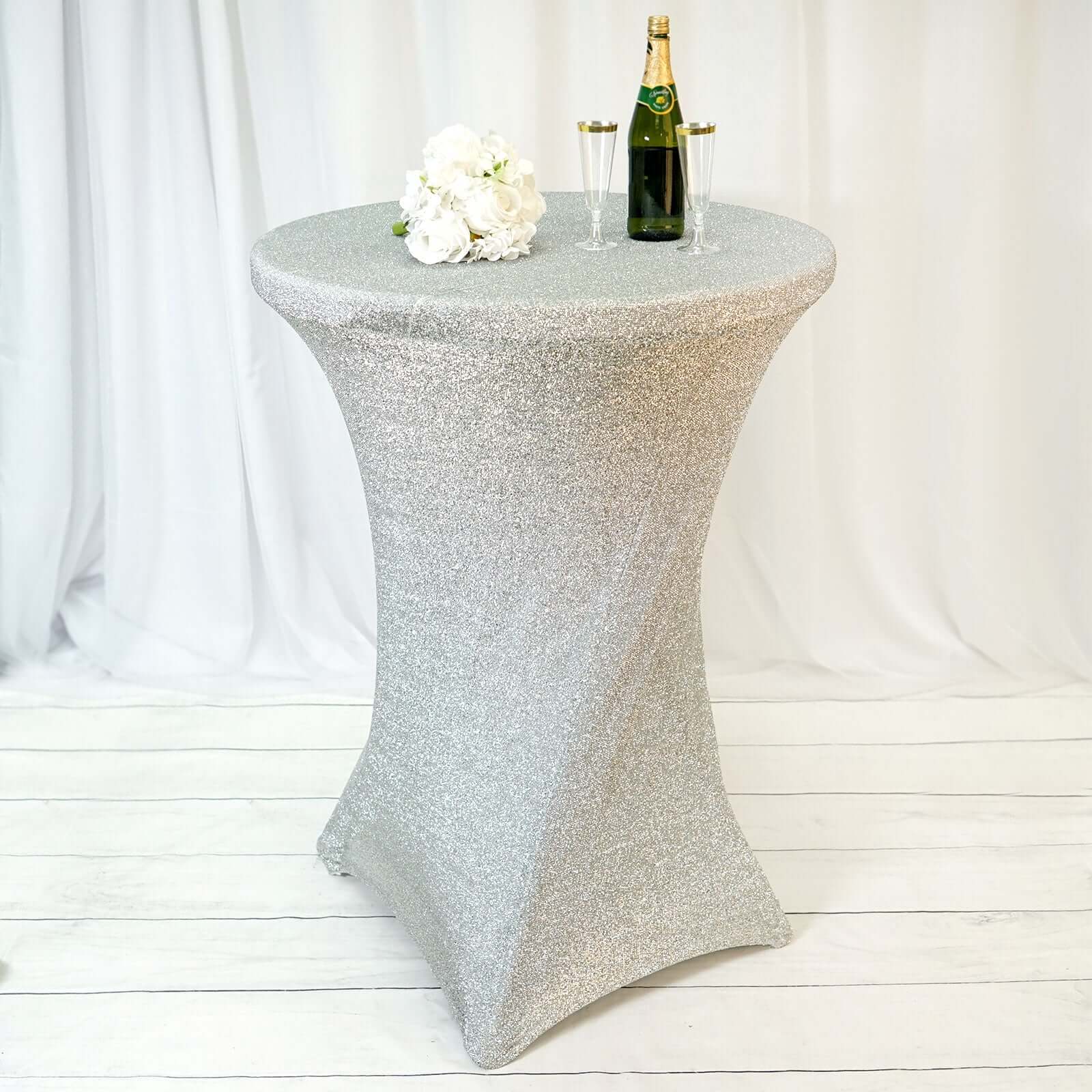 Metallic Spandex 36" Fitted Glitter Round Cocktail Table Cover Silver - Stretch Fit for High Top Tables