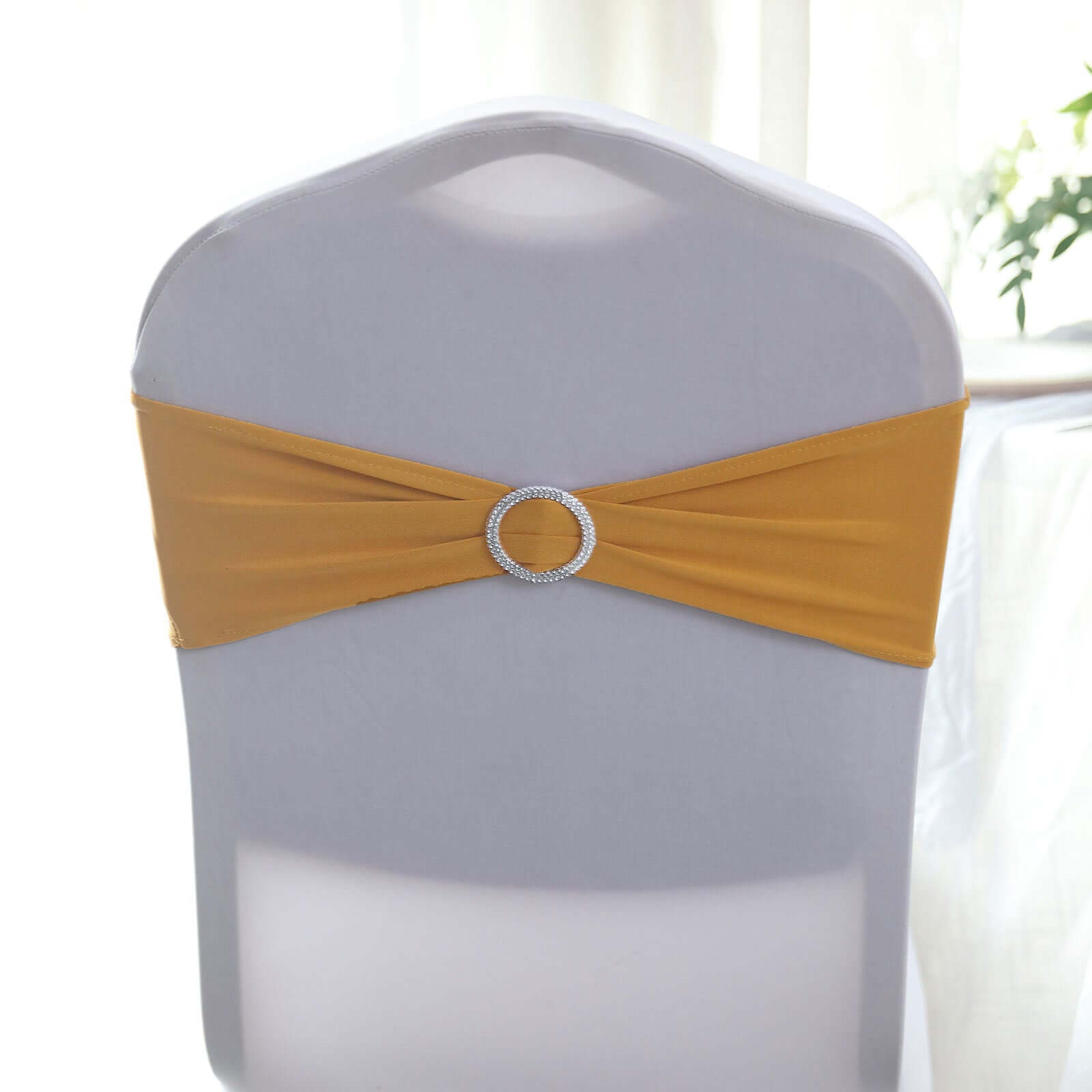 5 Pack Stretch Spandex Chair Sashes Gold - Classy Reusable Chair Bands with Silver Diamond Ring Slide Buckle 5"x14"
