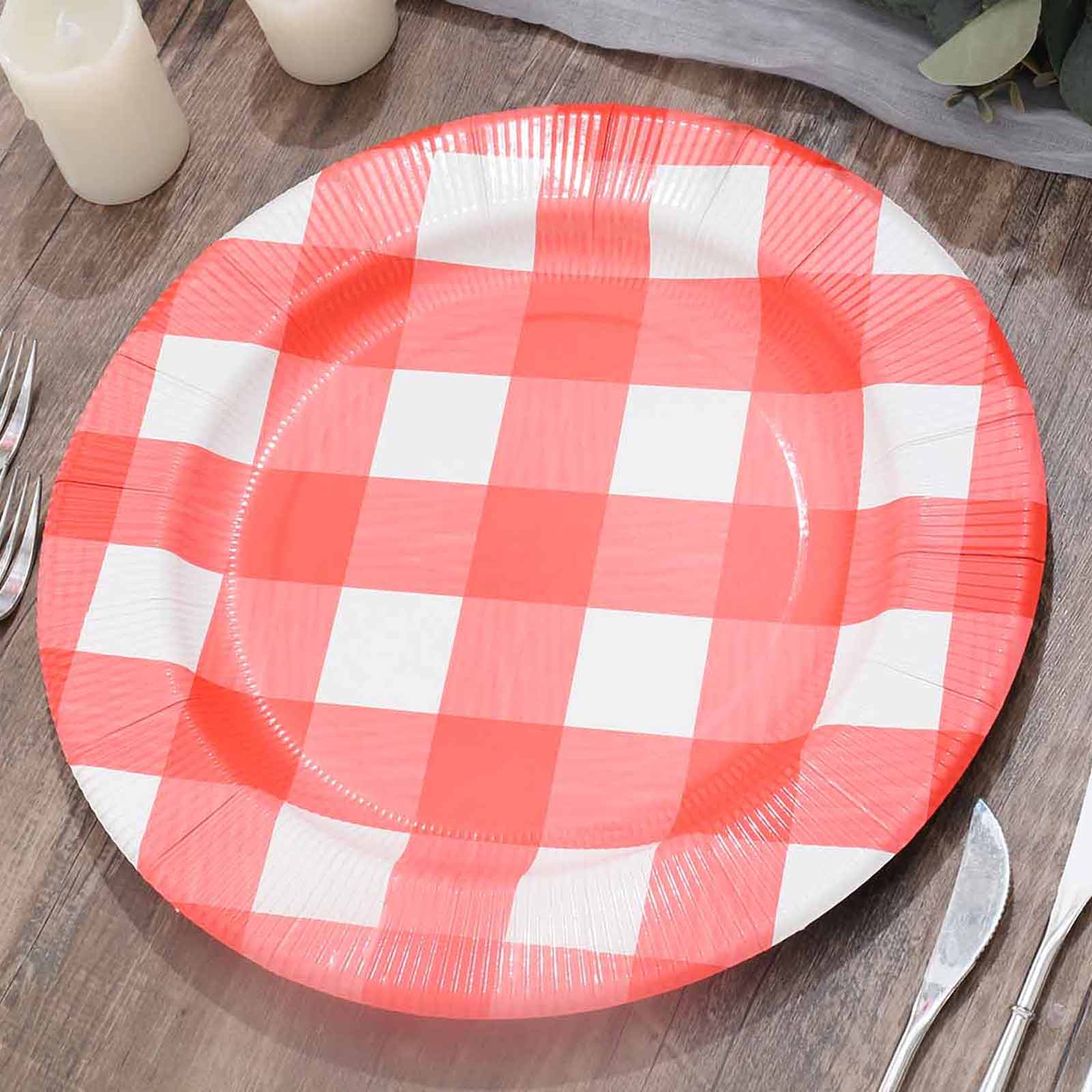 10-Pack Disposable Paper Charger Plates – Red/White Buffalo Plaid 13" Round Table Chargers, 350 GSM Cardstock