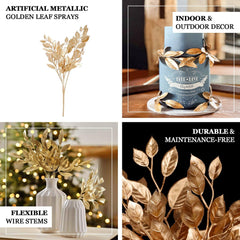 4-Pack Artificial Italian Ruscus Leaves Branches Metallic Gold - Flexible Faux Spray Plant Stem Vase Fillers for Exquisite Tablescapes & Floral Displays 14"