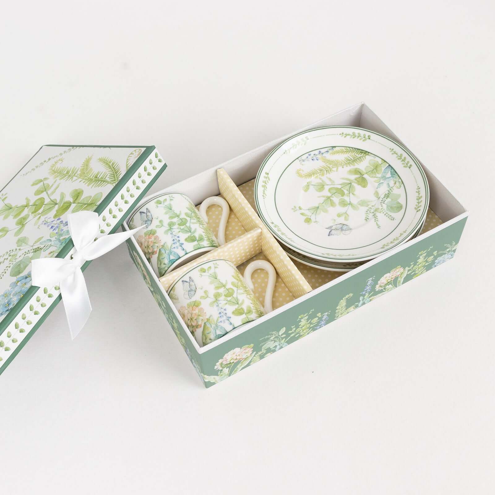 Greenery Theme Bridal Shower Gift Set, Set of 2 Porcelain Espresso Cups and Saucers with Matching Keepsake Box