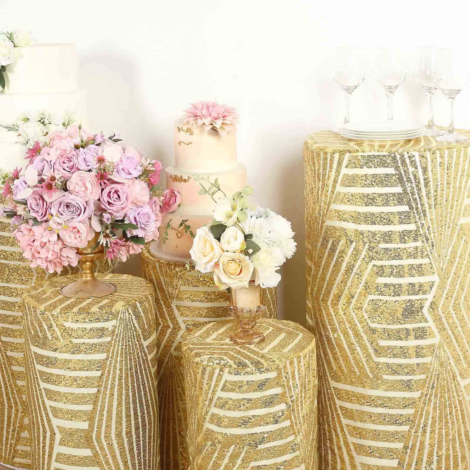 Set of 5 Gold Sequin Mesh Cylinder Pedestal Stand Covers with Geometric Pattern Embroidery, Sparkly Sheer Tulle Pillar Prop Covers