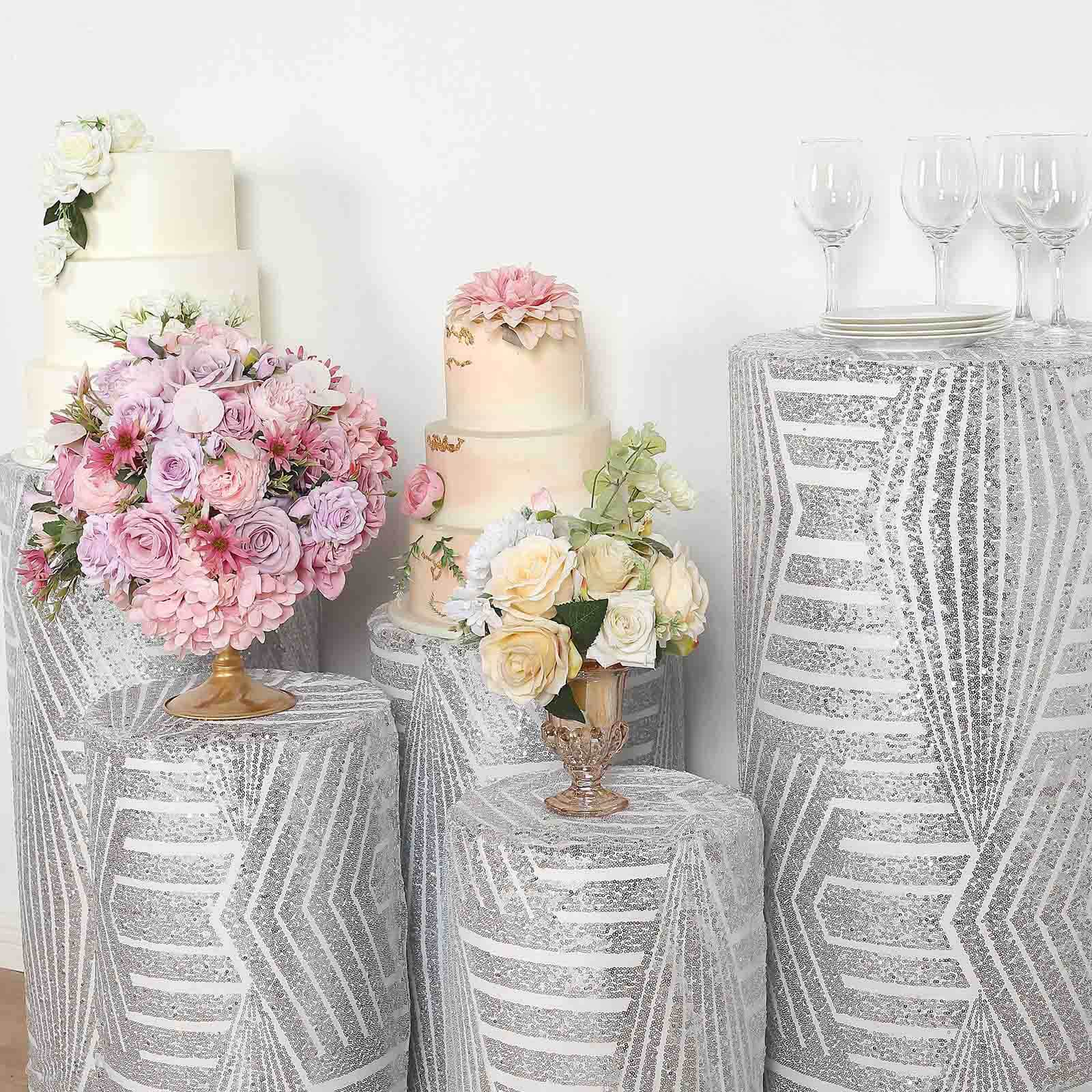 Set of 5 Silver Sequin Mesh Cylinder Pedestal Stand Covers with Geometric Pattern Embroidery, Sparkly Sheer Tulle Pillar Prop Covers