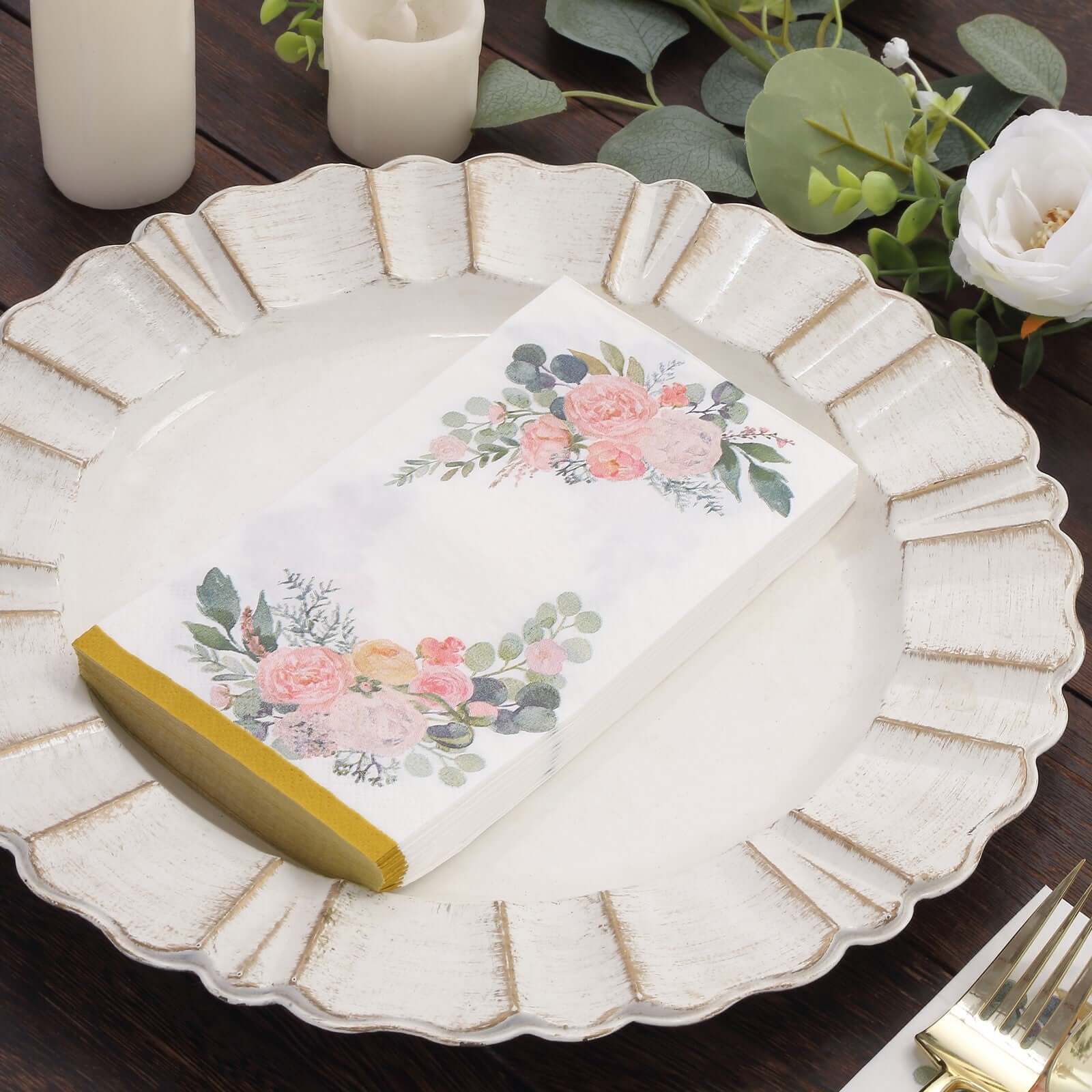20-Pack Paper Dinner Napkins White with Pink Peony Flowers and Gold Edge 2-Ply - Stylish Disposable Napkins for Events