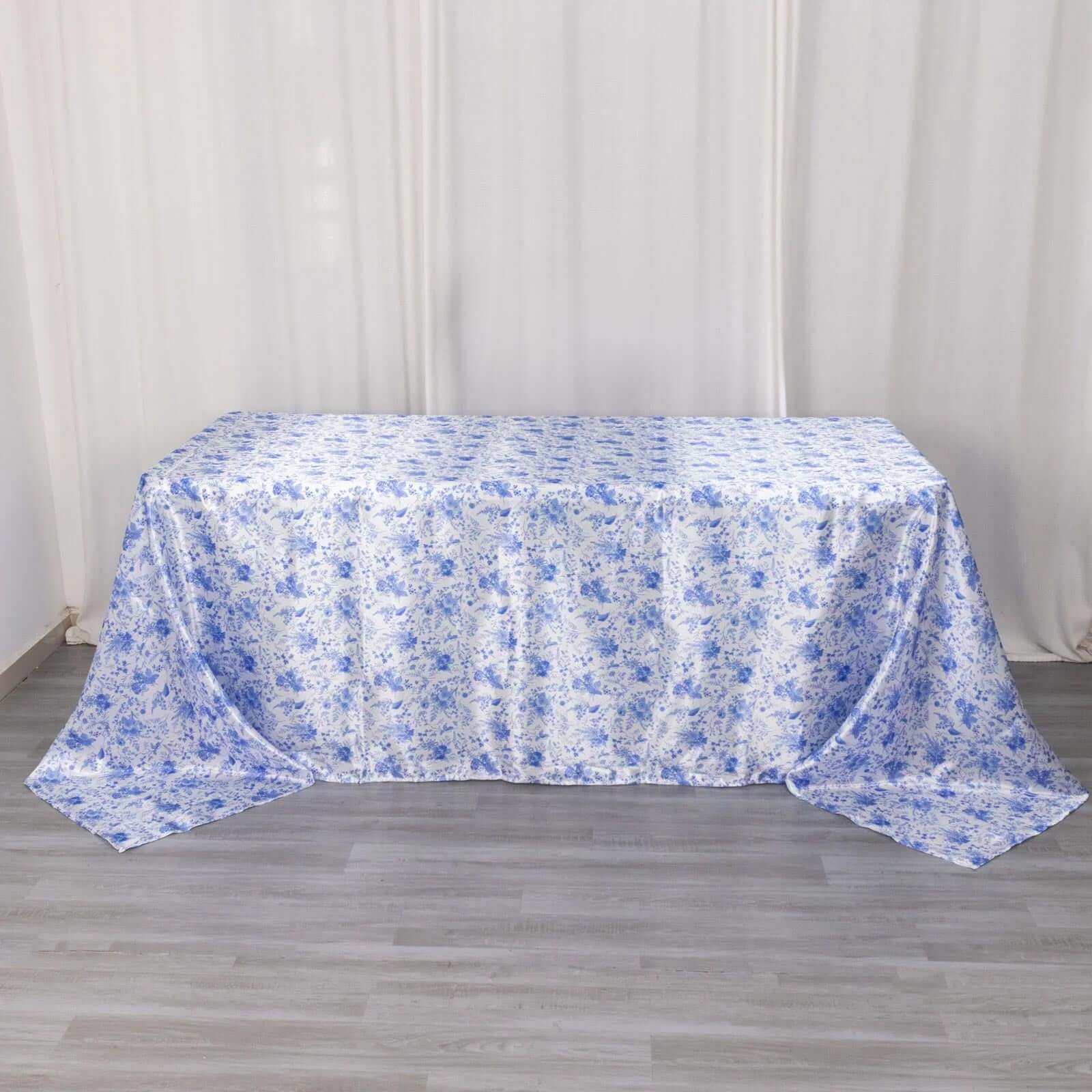 Satin Rectangular 90"x132" Tablecloth White/Blue French Toile Design - Seamless Stylish & Wrinkle-Resistant Table Cover
