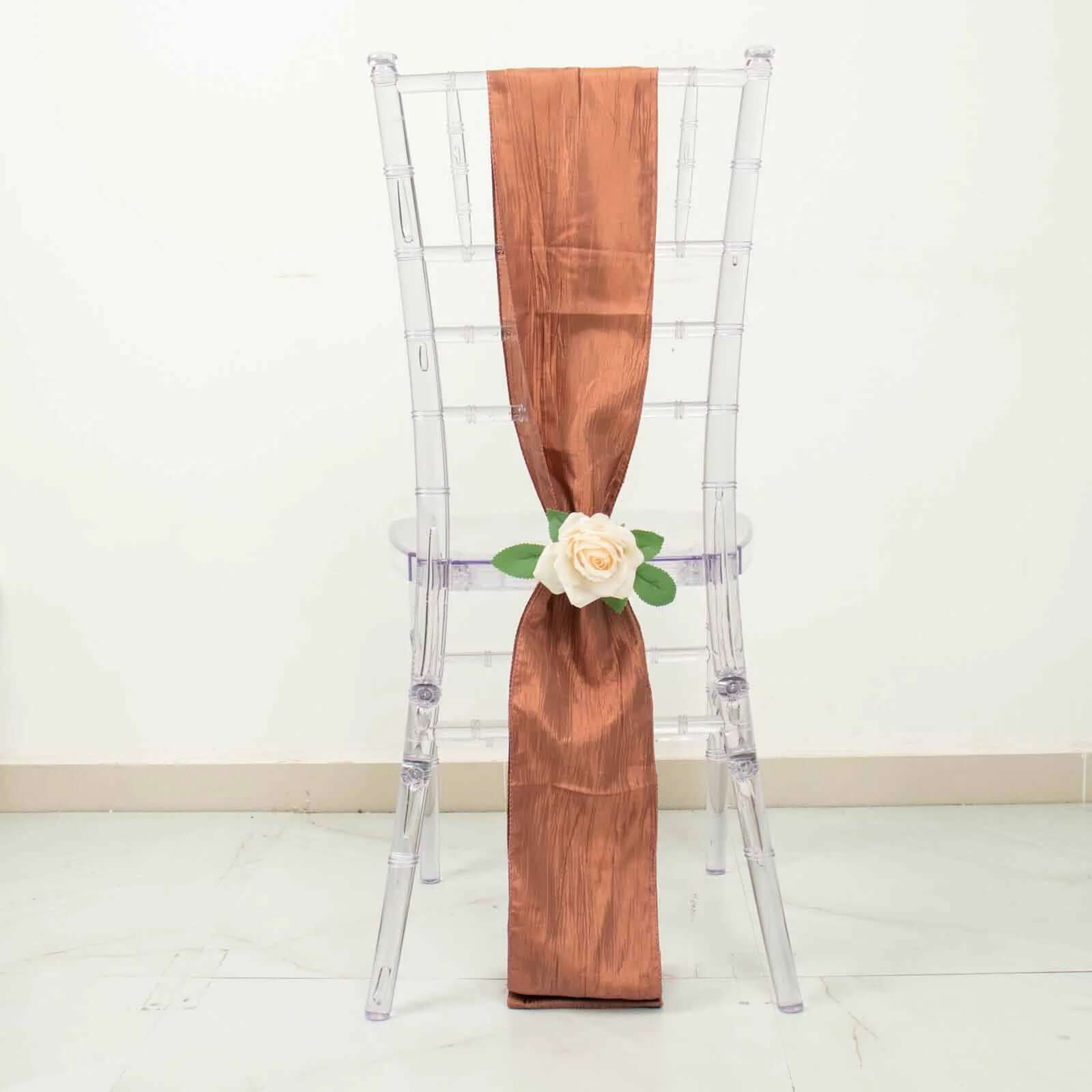 5 Pack Taffeta 6"x106" Chair Sashes Terracotta (Rust) Accordion Crinkle Texture - Stylish Decor for Weddings & Gatherings