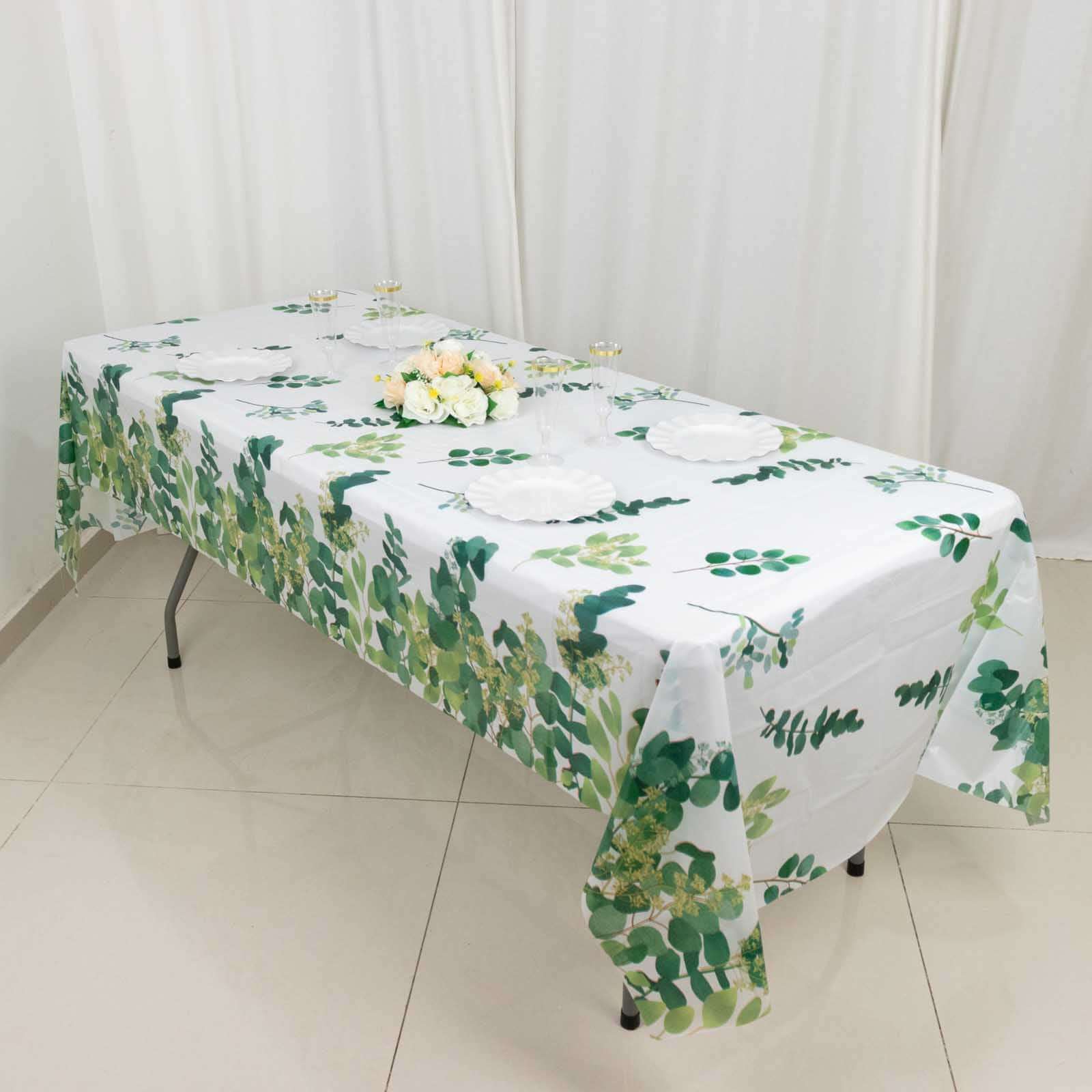 5-Pack Plastic Table Covers White/Green Rectangle with Eucalyptus Leaves Print - Decorative PVC Disposable Tablecloths 54"x108"