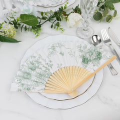 5-Pack Paper Folding Fans Party Favors in White & Sage Green French Toile Pattern, Handheld Fans with Bamboo Frame