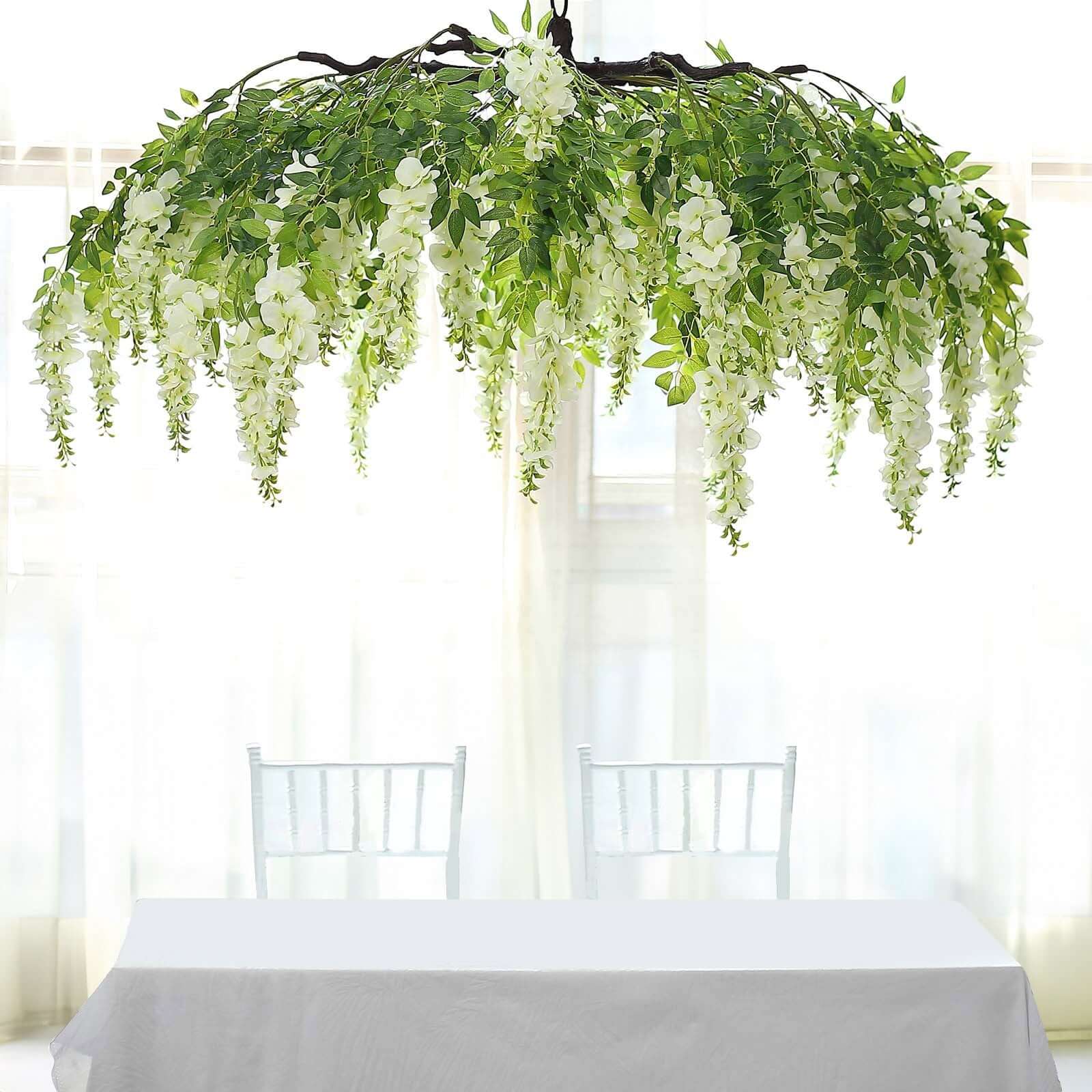 55" Cream Artificial Silk Hanging Wisteria Vine Flower Chandelier, Round Draping Garland Canopy With Interchangeable Branches