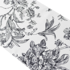 Polyester Table Runner 12"x108" White with Black French Toile Floral Print Reusable Table Décor