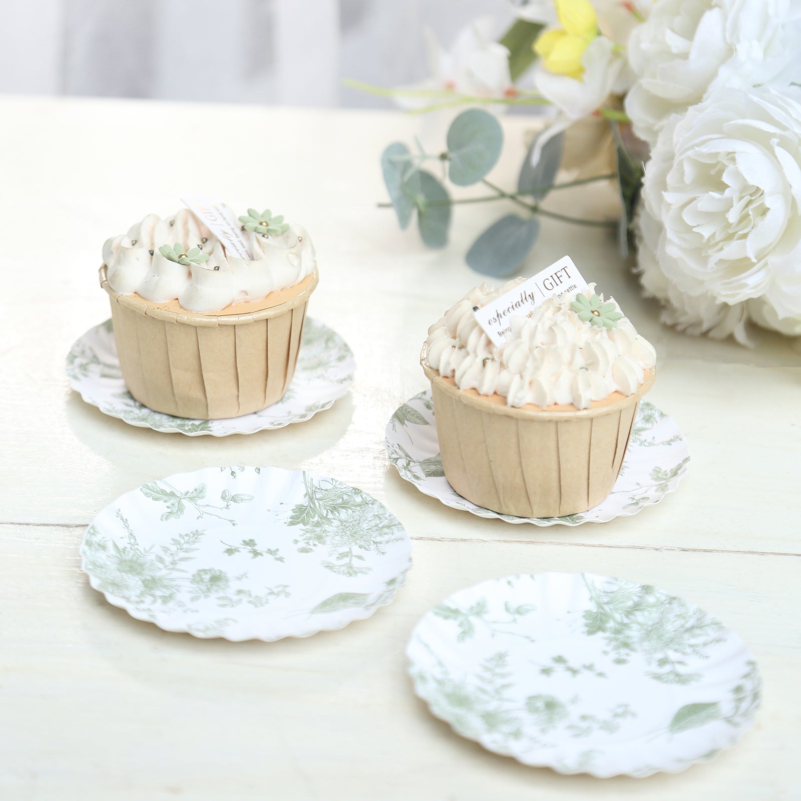 100-Pack Paper 3.5" Round Plates in White with Sage Green French Toile Design & Scalloped Rim - Disposable Mini 250GSM Dessert Party Plates for Tapas, Appetizers & Finger Foods