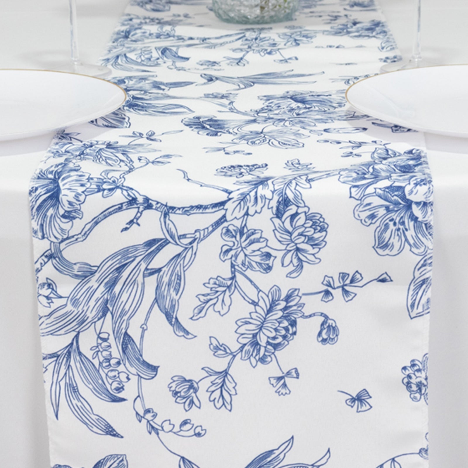 Polyester Table Runner 12"x108" White with Blue French Toile Floral Print - Stylish Reusable Table Décor