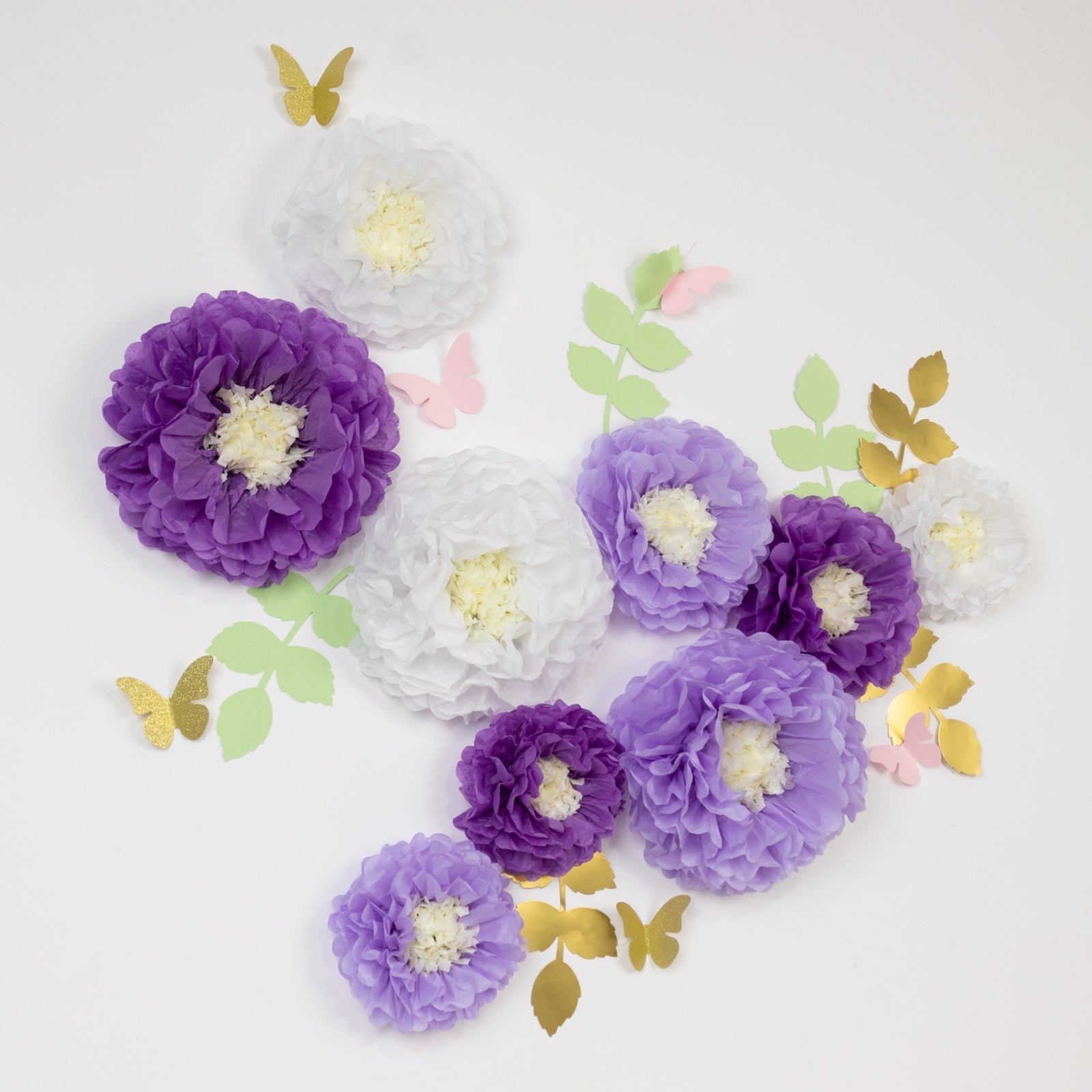 Set of 21 Tissue Paper Flowers Pom Poms Decor Kit – White Purple 3D Chrysanth Floral Wall Decor with Butterflies & Olive Leaves - 8",10",12"