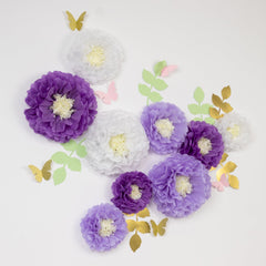 Set of 21 Tissue Paper Flowers Pom Poms Decor Kit – White Purple 3D Chrysanth Floral Wall Decor with Butterflies & Olive Leaves - 8",10",12"