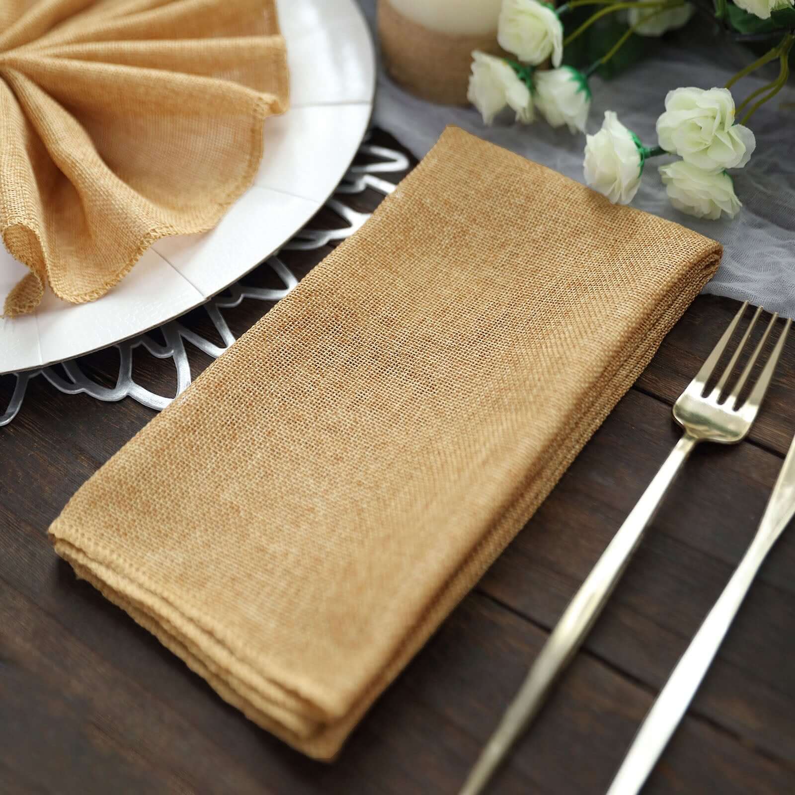 5 Pack Faux Jute 19"x19" Napkins Gold - Authentic Burlap Look Cloth Napkins for Rustic Boho Weddings & Parties