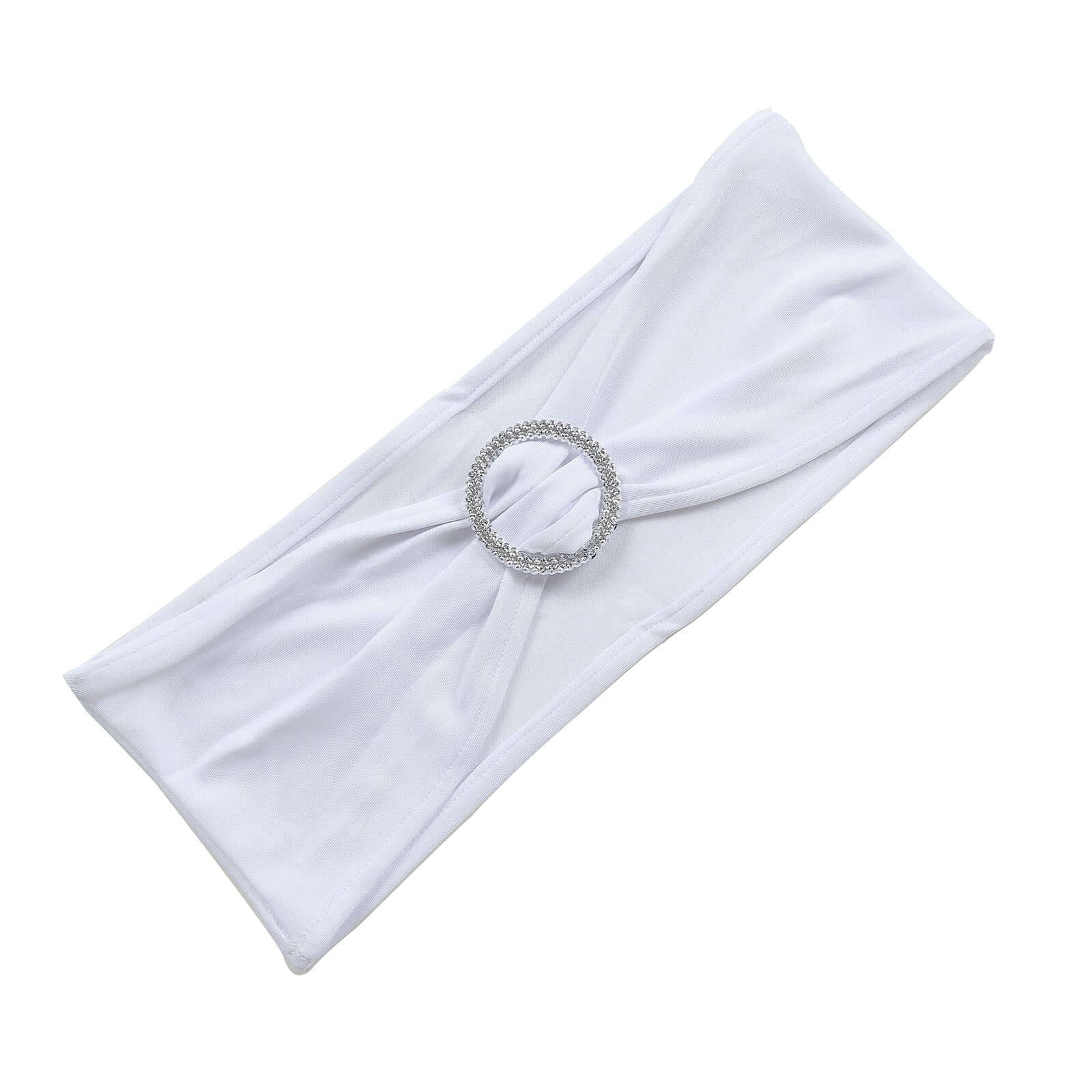 5 Pack Stretch Spandex Chair Sashes White - Classy Reusable Chair Bands with Silver Diamond Ring Slide Buckle 5"x14"