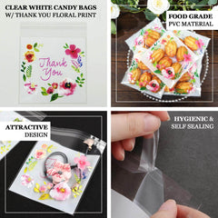 100-Pack PVC Cookie Candy Bags White/Clear - Decorative Self Adhesive Goodie Bags With "Thank You" Print & Floral Accents for Stylish Wedding Birthday Party Favors 6"x7"