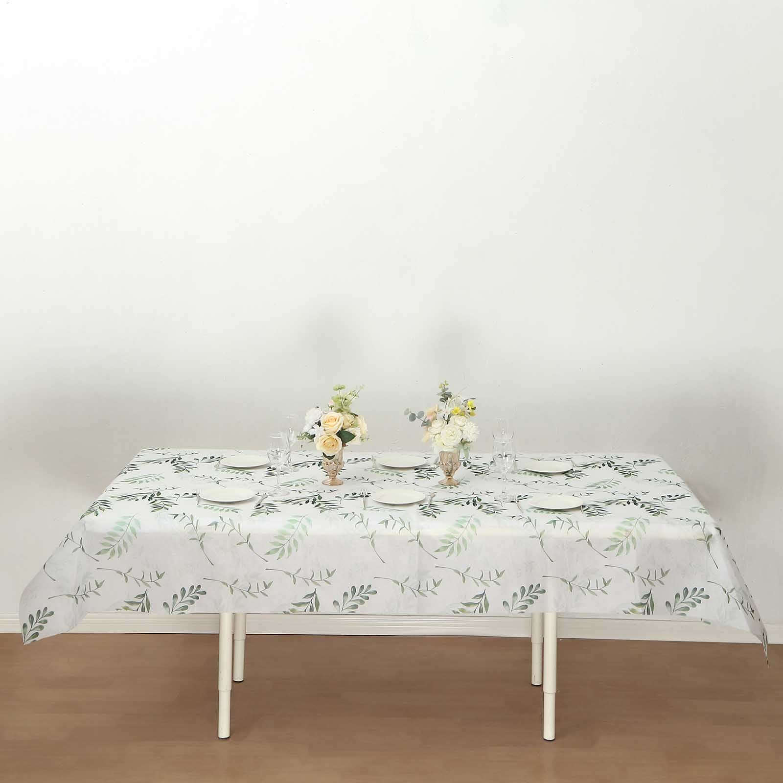 Non-Woven Tablecloth Rectangle White/Green with Olive Leaves Print - Perfect Disposable Table Cover for Summer 60"x102"