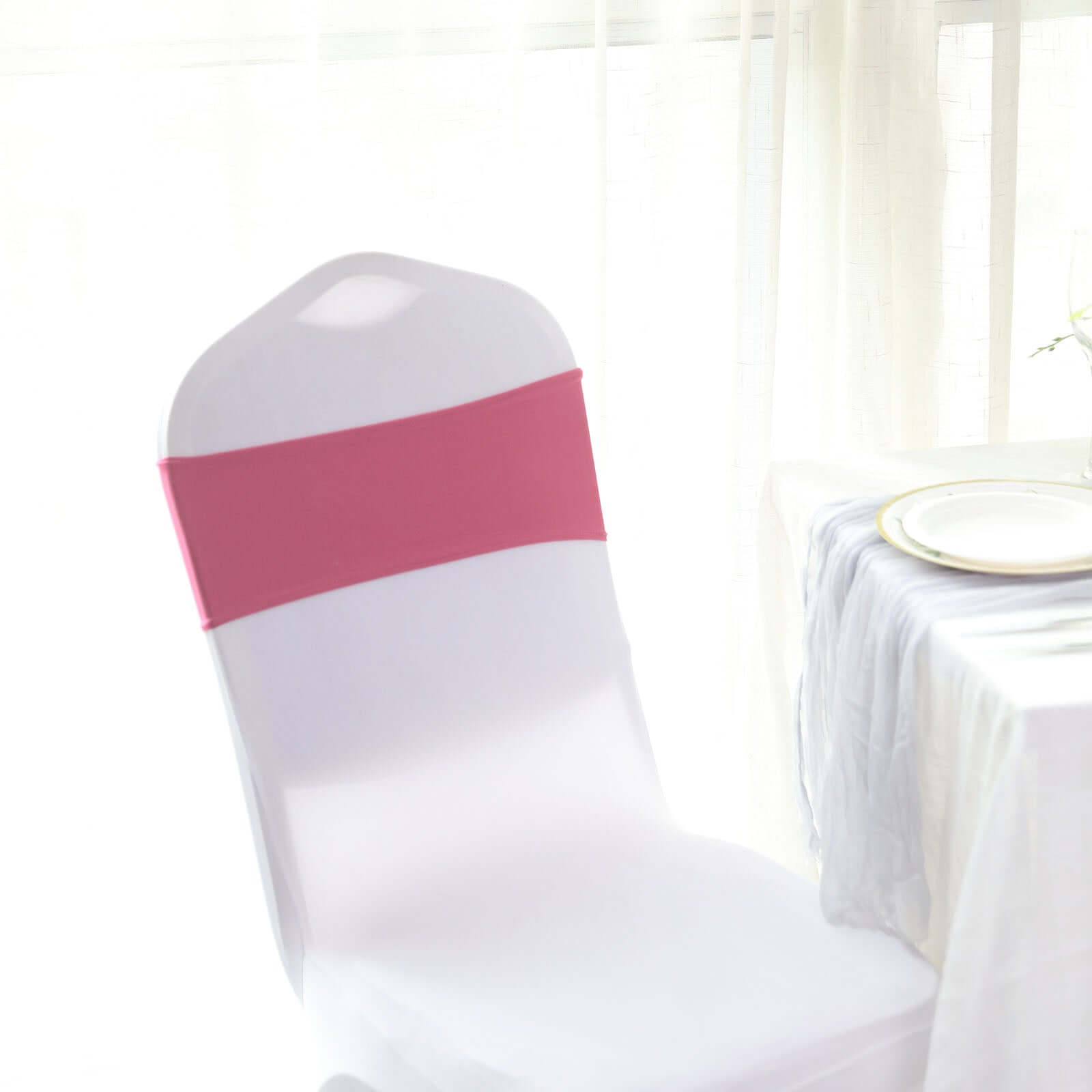 5 Pack Stretch Spandex Chair Sashes Fuchsia - Reusable Chair Bands with Silver Diamond Ring Slide Buckle 5"x14"