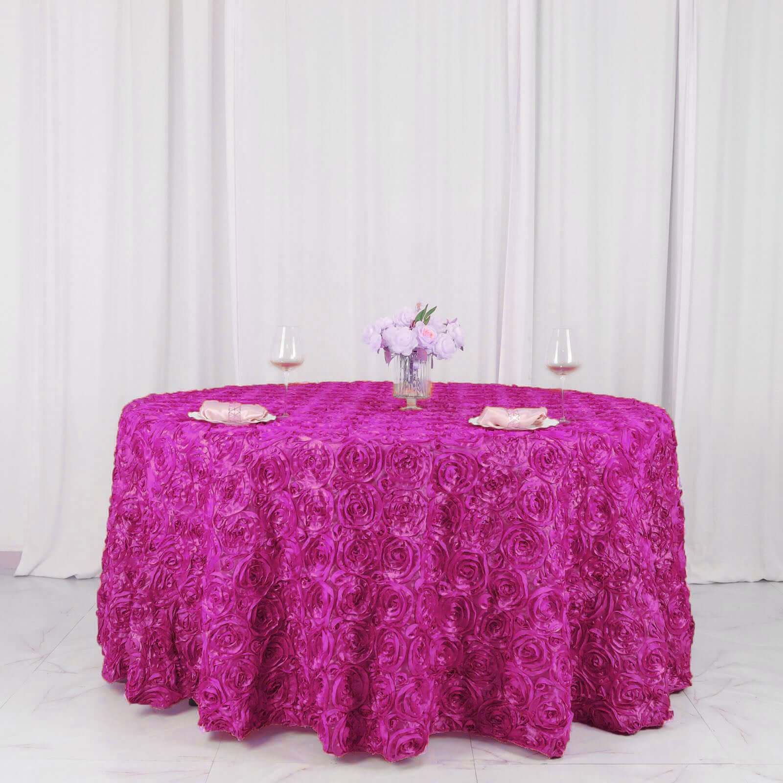 Satin 120" Round Tablecloth Fuchsia - Grandiose 3D Rosette with Seamless Finish Table Cover