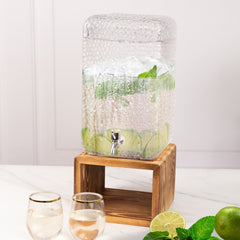 Gallon Clear Hammered Glass Beverage Dispenser, Rectangular Juice Jar with Wooden Stand and Lid - Lead-Free Countertop Feature 19"