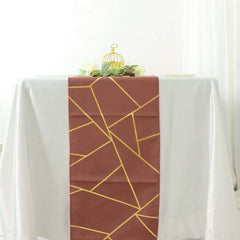 Polyester 9ft Table Runner Terracotta (Rust) with Gold Foil Modern Geometric Accent