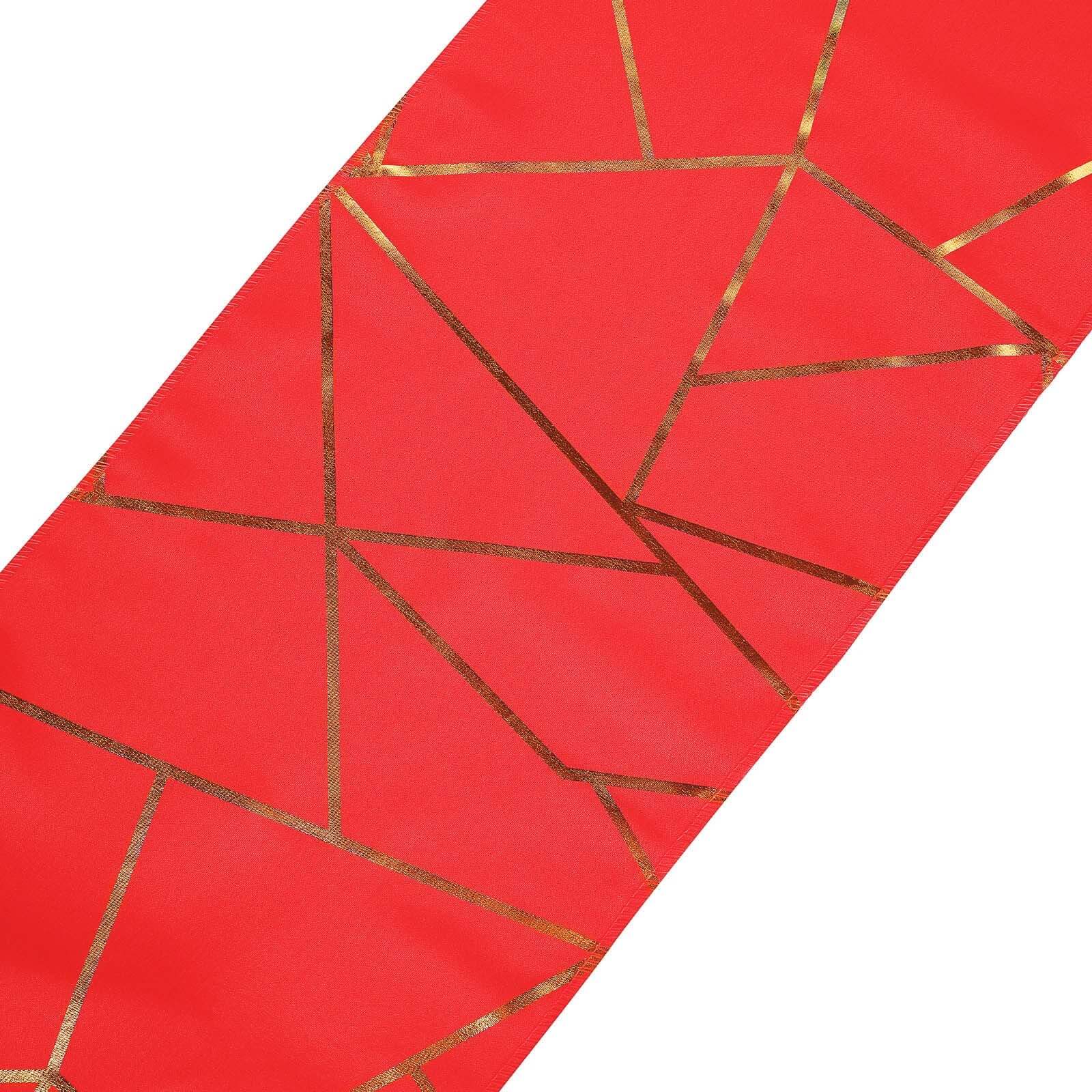 Polyester 9ft Table Runner Red with Gold Foil Modern Geometric Accent