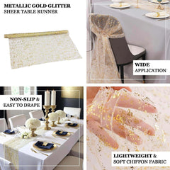 Sheer Chiffon 10ft Table Runner Metallic Gold Glittered Design - Sparkling Table Decor