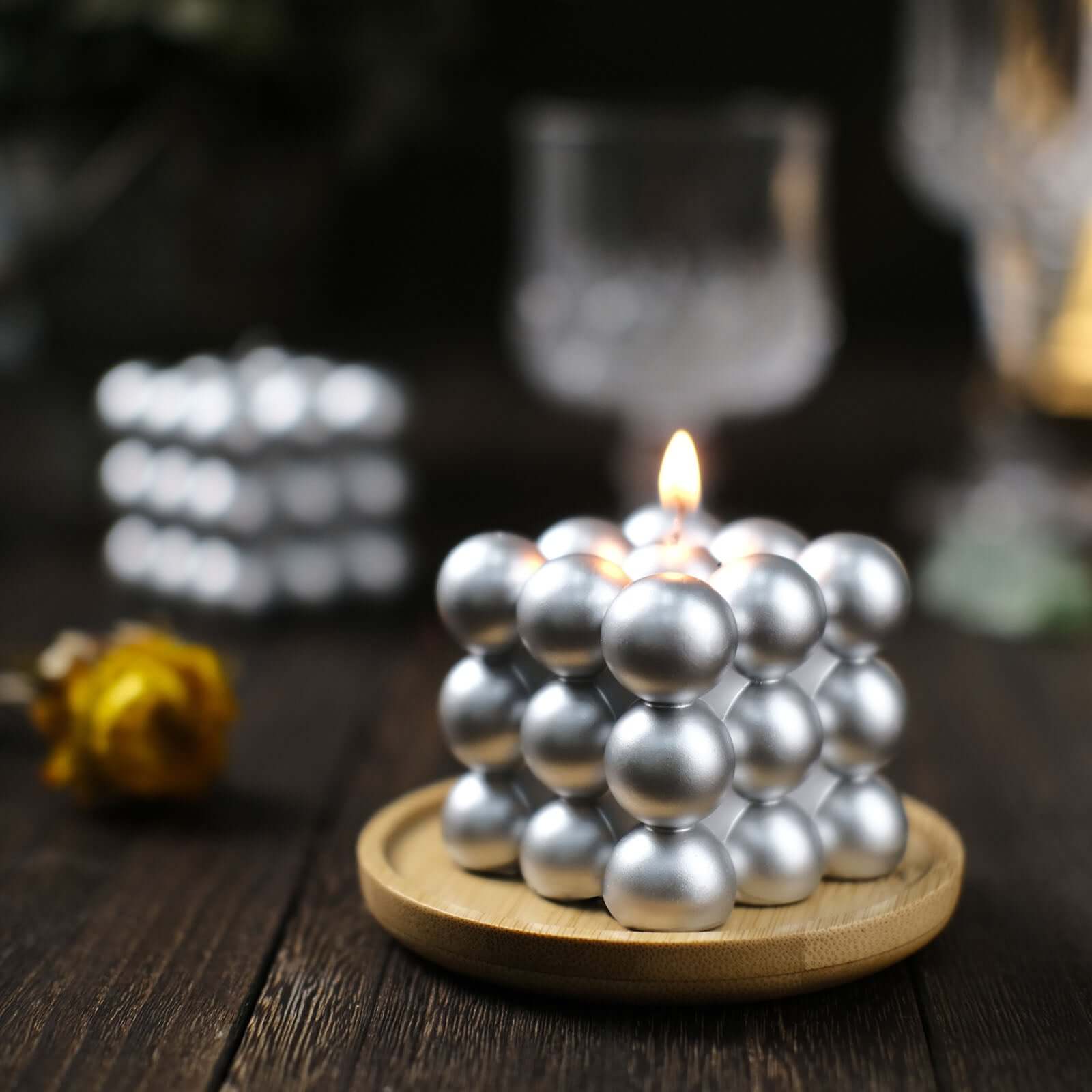 2-Pack Decorative Paraffin Wax Candles Bubble Cube Design Metallic Silver - Unscented Long Burning Pillar Candle Set 2"