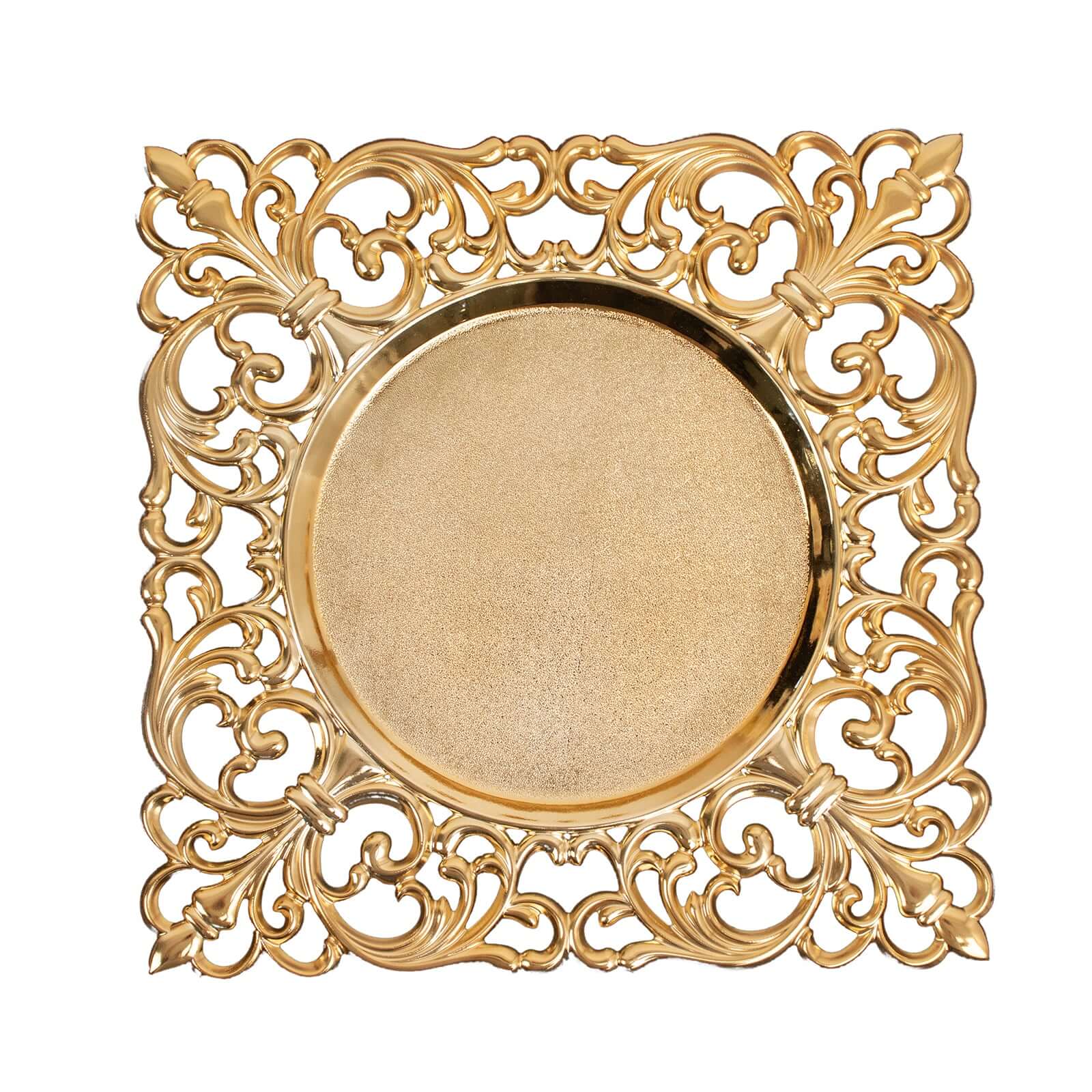 6-Pack Acrylic Square Charger Plates 12" in Gold with Hollow Lace Border, Event Tabletop Decorative Charger Tableware