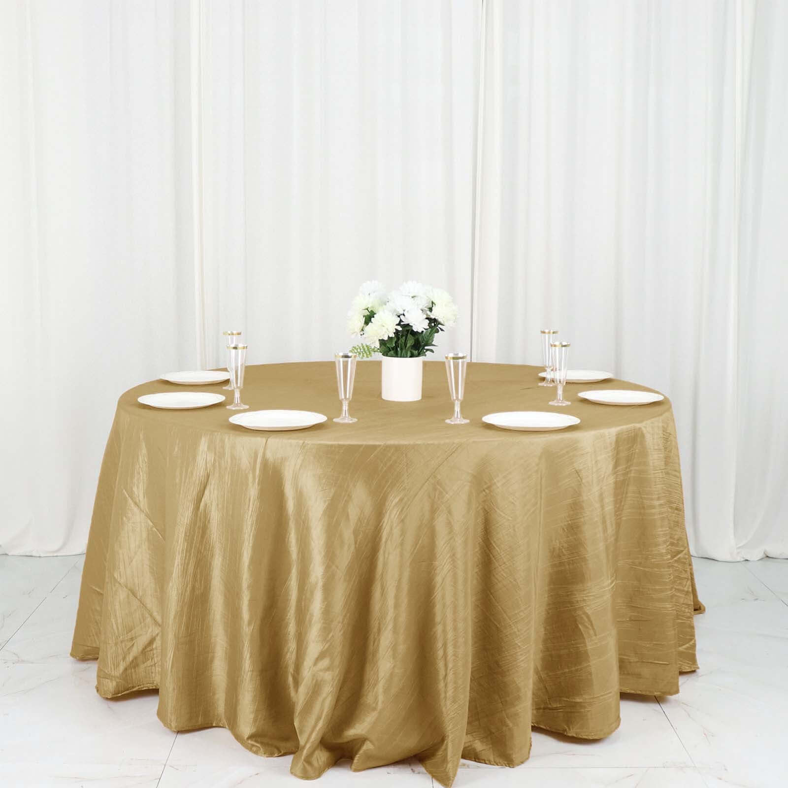 Taffeta 132" Round Tablecloth Gold - Seamless Accordion Crinkle Design for Exquisite Occasions