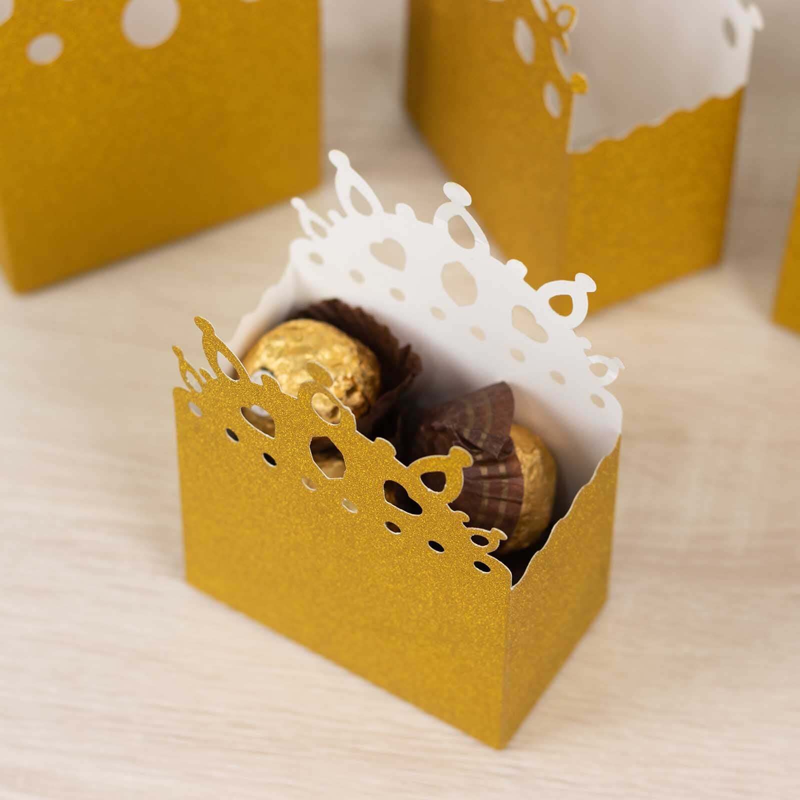 20-Pack Cardstock Favor Boxes Gold Glitter Princess Crown Design - Regal Fantasy Fairytale InspiredTreat Bags for Wedding Birthday Baby Shower Decorations 3.5"x 2"x 5"
