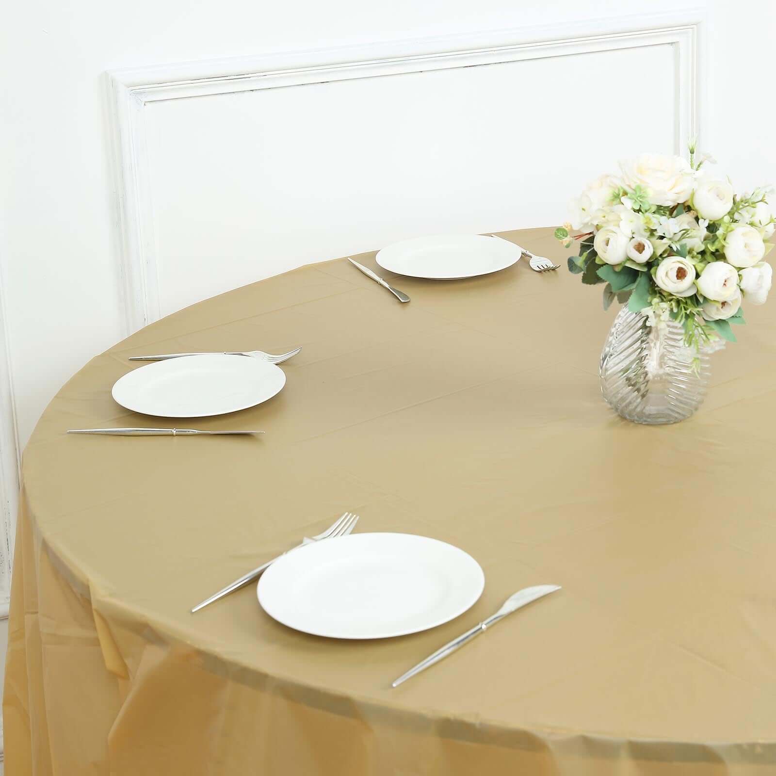 5-Pack Plastic Table Covers Gold Round - Durable PVC Disposable Tablecloths for Events 84"