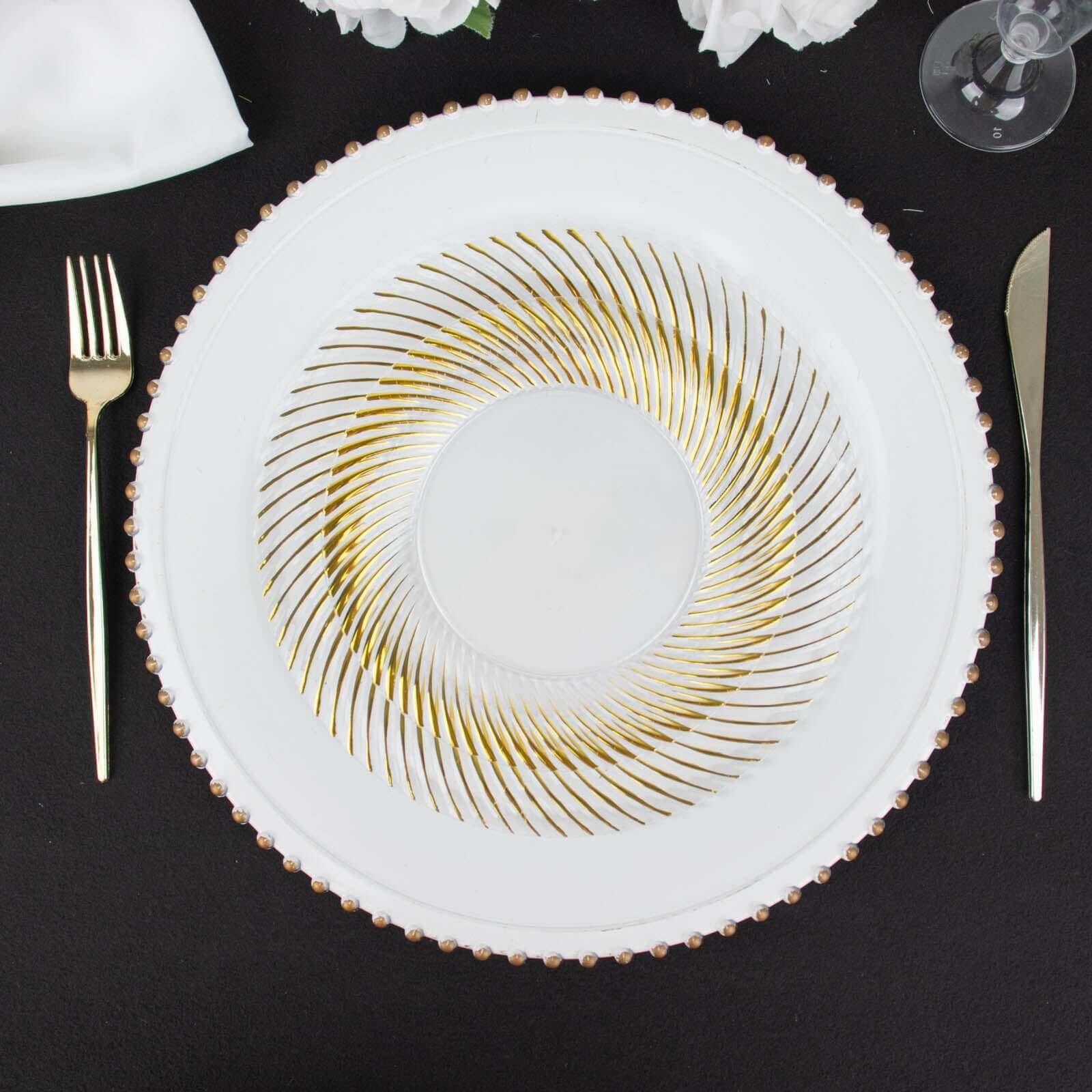 10-Pack Plastic 7" Round Dessert Plates in White with Gold Swirl Rim - Disposable Salad Plates for Classy Events & Banquets