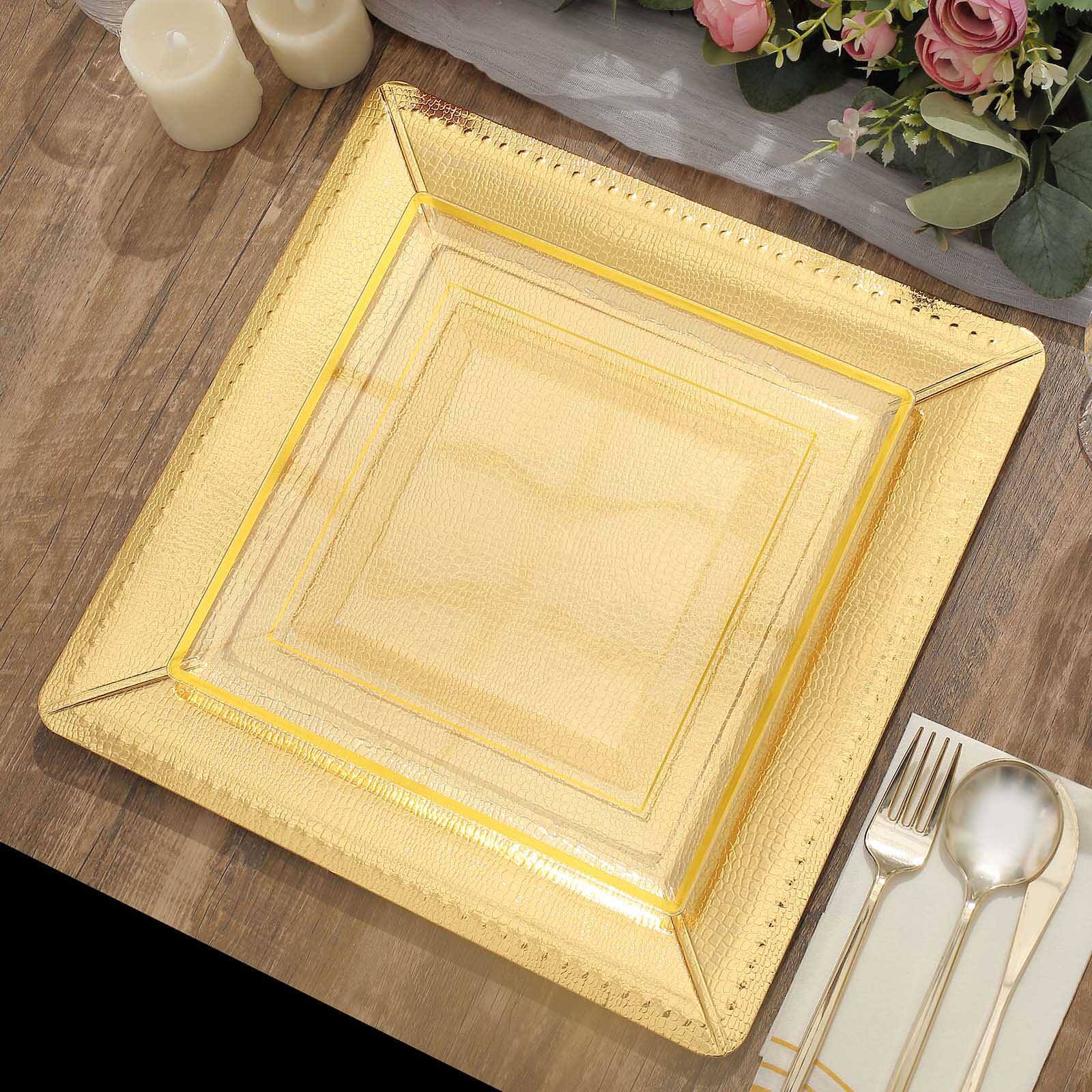 10-Pack Disposable Square Charger Plates in Gold with Leather Like Texture - 1100GSM Durable Paper Chargers 13"