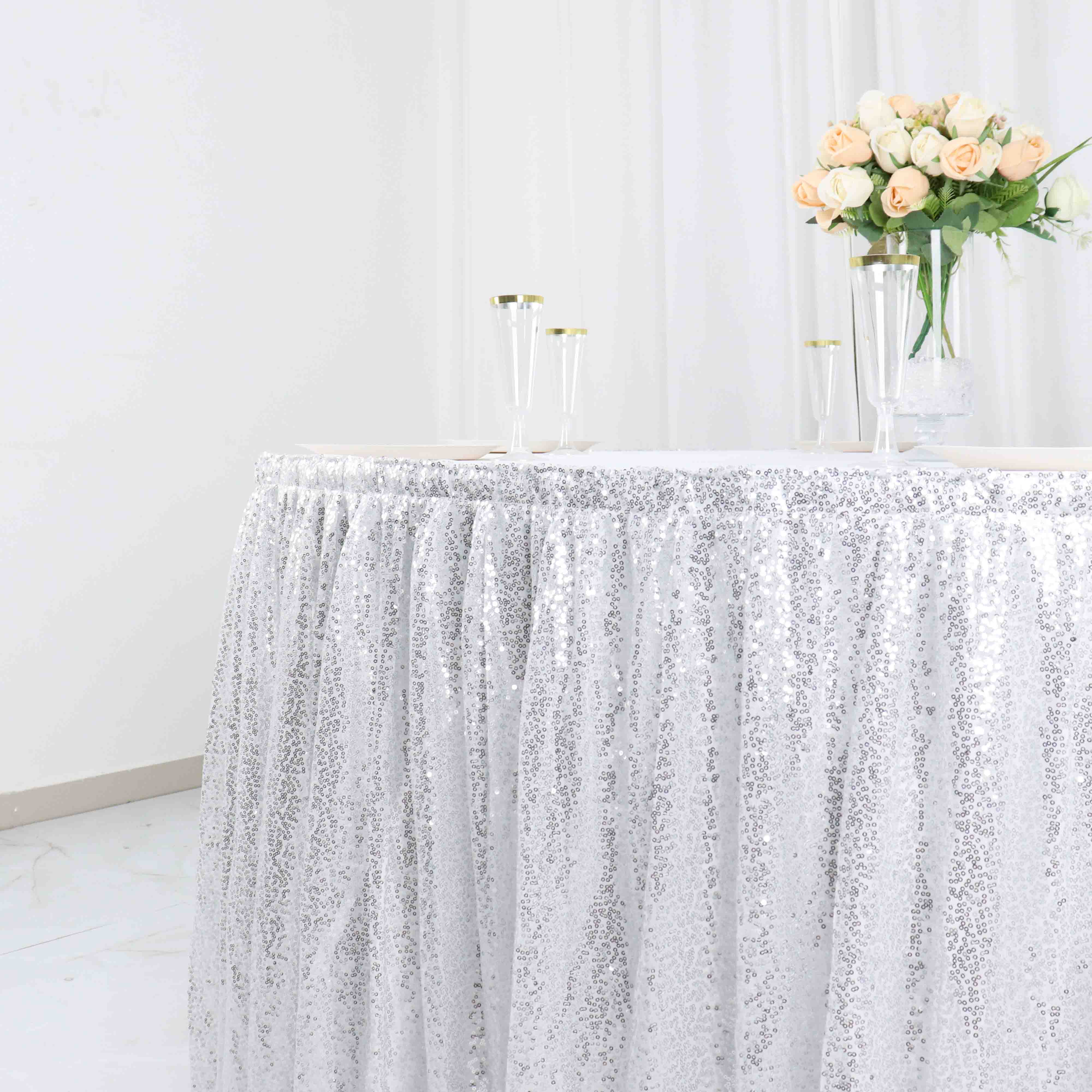 Sequin 17ft Table Skirt Silver - Pleated Satin With Top Velcro Strip