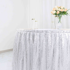 Sequin 17ft Table Skirt Silver - Pleated Satin With Top Velcro Strip