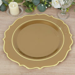 10-Pack Economy Plastic Round Charger Plates 13" in Gold with Scalloped Rim, Decorative Dinner Party Serving Plates
