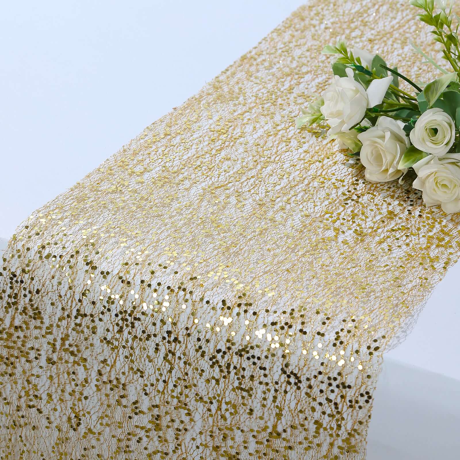 Mesh 11"x108" Table Runner Metallic Gold – Glitter Design for Convenient Event Decoration