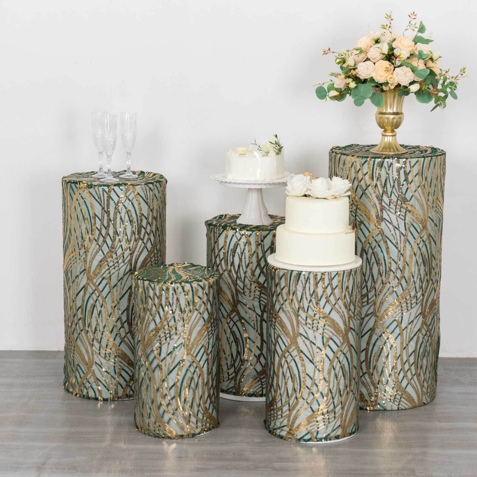 Set of 5 Hunter Green Wave Mesh Cylinder Pedestal Stand Covers with Embroidered Sequins, Emerald Pillar Prop Covers - 160 GSM