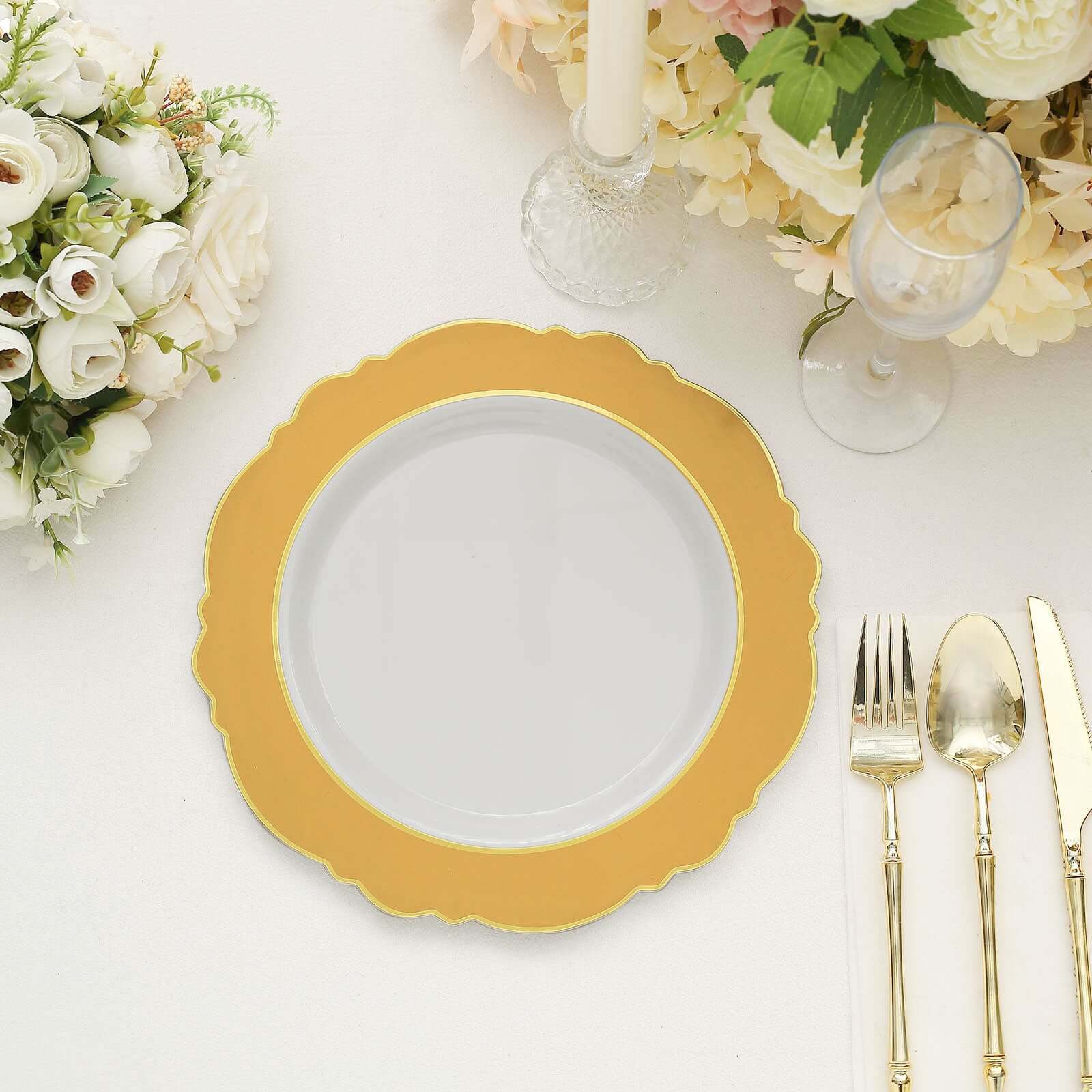 10-Pack Plastic 10" Round Dinner Plates in White with Gold Blossom Design & Gold Edging - Disposable Party Plates for Modern & Classy Table Decor