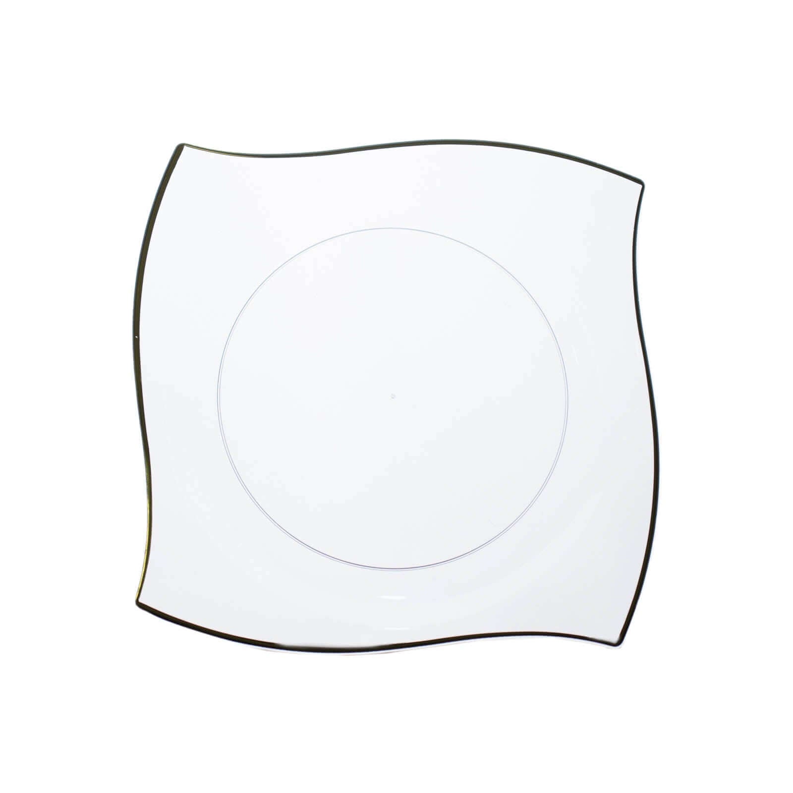 10-Pack Plastic 8" Square Dessert Plates in Clear with Gold Wavy Rim Modern - Disposable Salad Appetizer Party Plates
