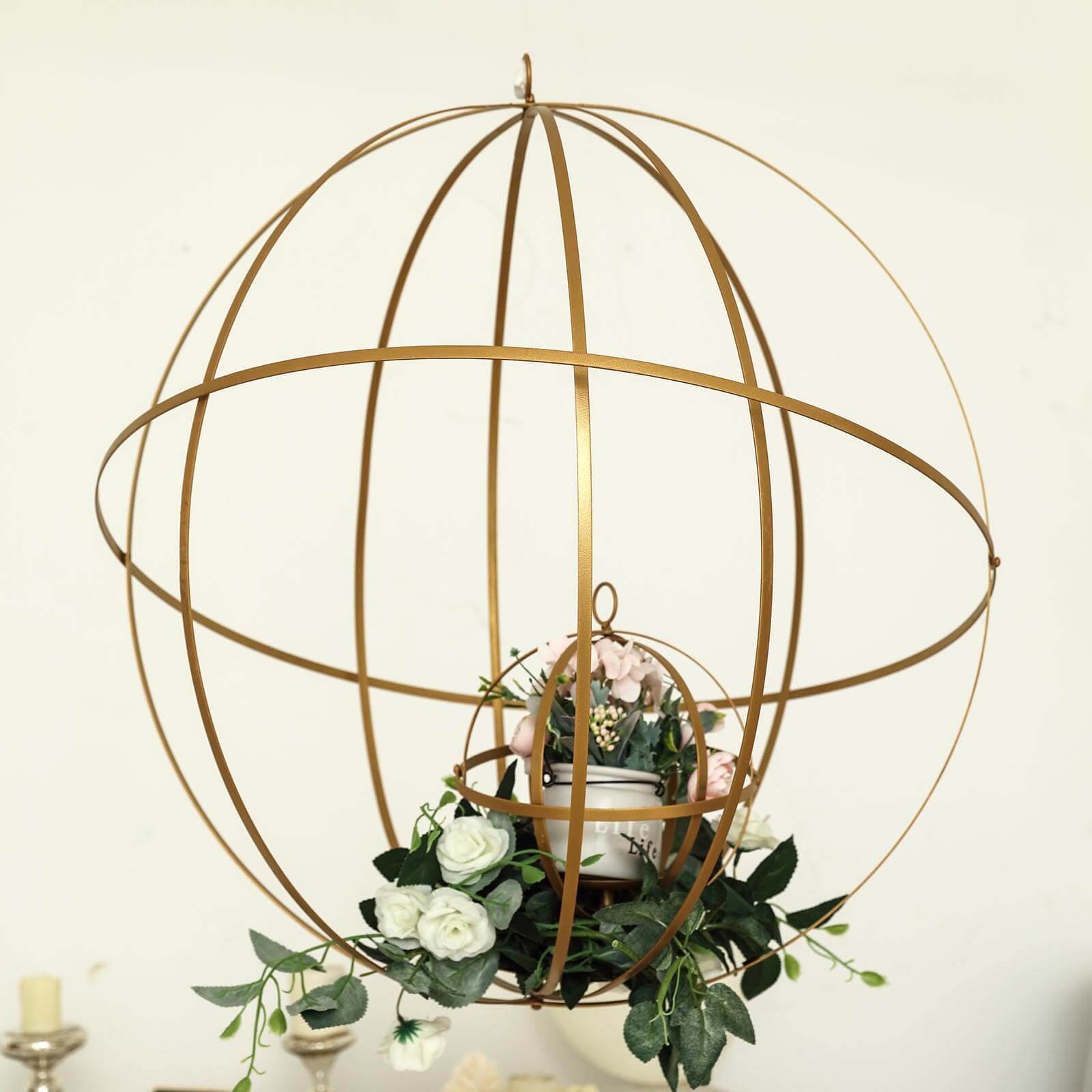 Hanging Sphere Candle Holder Gold Wrought Iron Event Display Accent - Centerpiece 24"