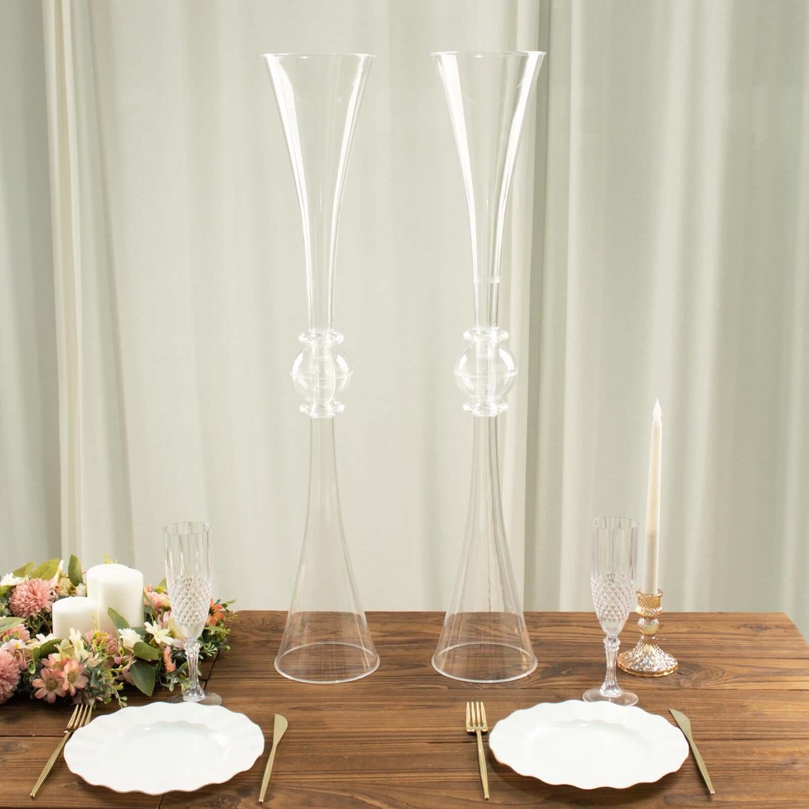 2 Pack 31" Clear Crystal Embellishment Trumpet Flower Vase, Reversible Plastic Table Centerpiece