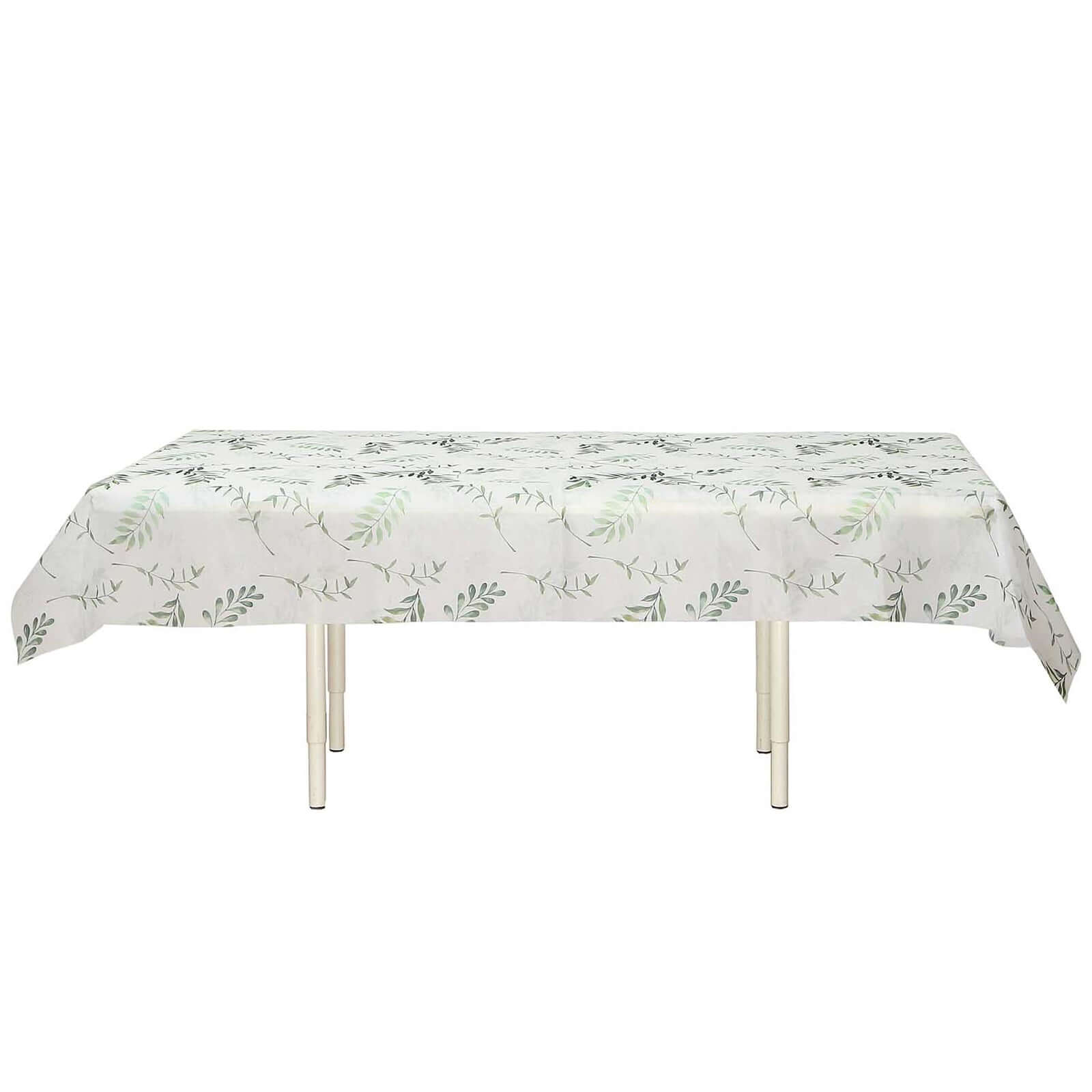 Non-Woven Tablecloth Rectangle White/Green with Olive Leaves Print - Perfect Disposable Table Cover for Summer 60"x102"