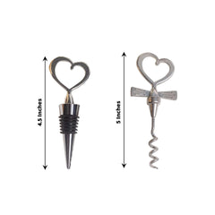 Silver Metal Heart Wine Bottle Opener Cork Stopper Party Favors Souvenir Gift Set, Wedding Favor in Velvet Box - 4.5",5"