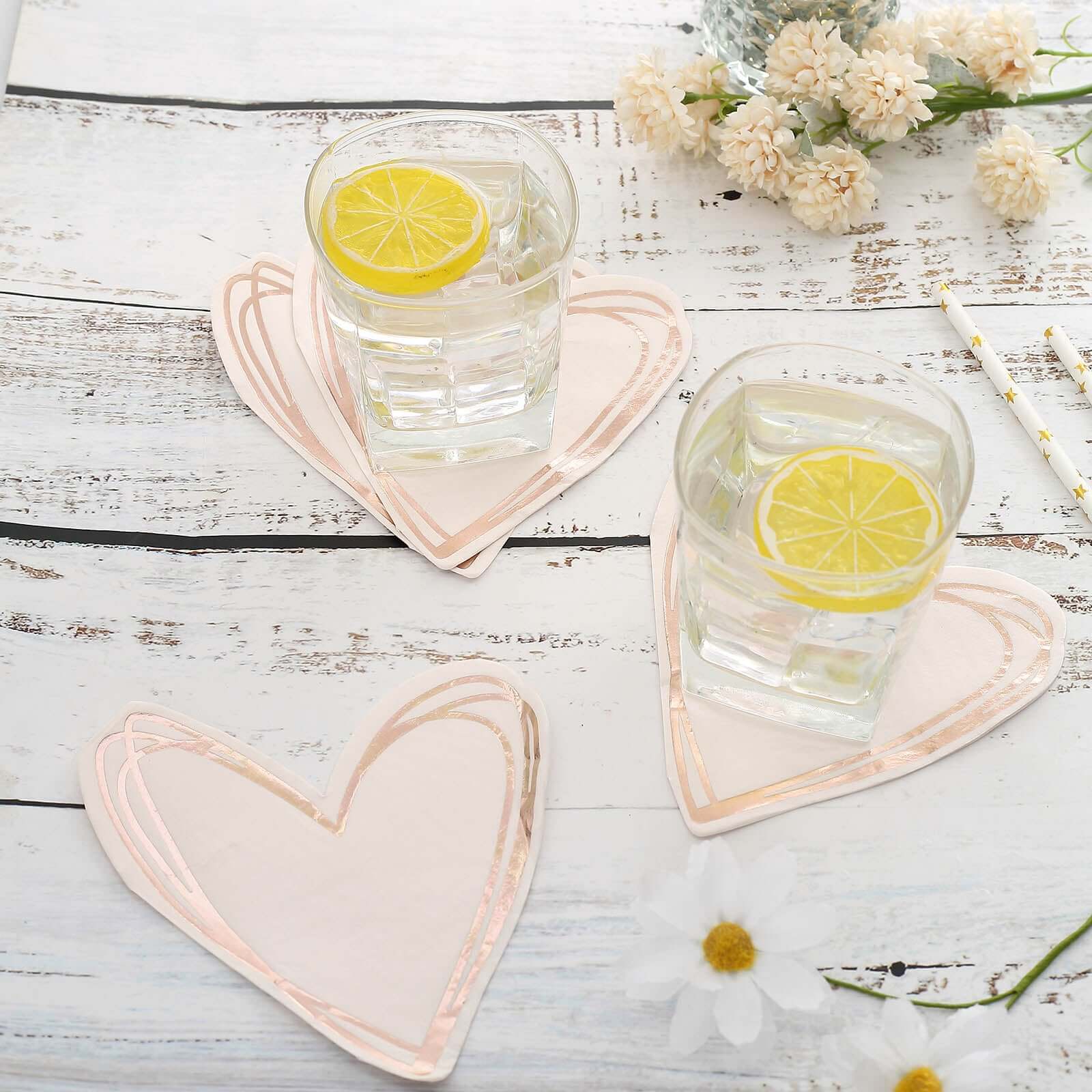 20-Pack Paper Cocktail Napkins with Heart Shape Rose Gold - Stylish Disposable Napkins for Events