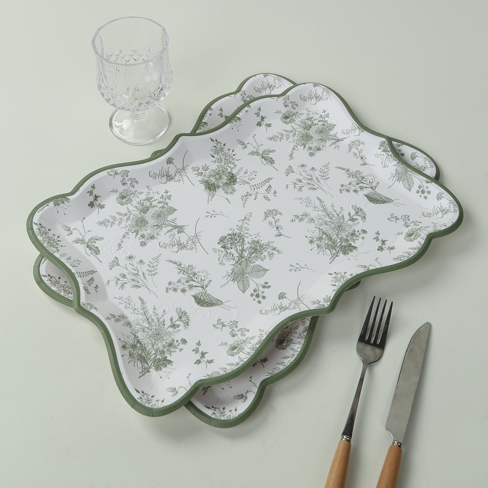 10-Pack Paper 14"x10" Rectangle Serving Trays White/Sage Green with French Toile Pattern for Weddings & Parties